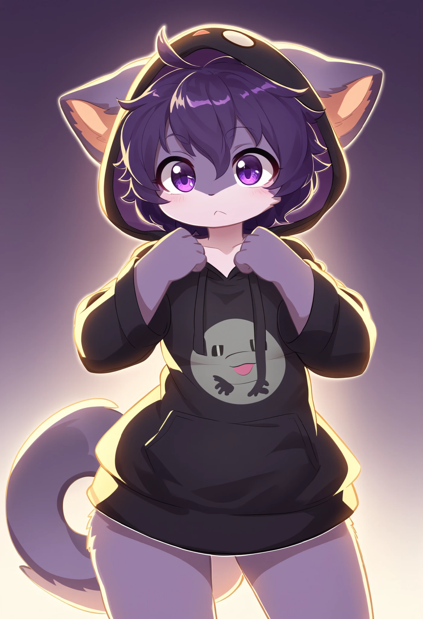 Boy, femboy, kemono, Medium ass, Black shirt with purple stripes, black hair, bangs covering the left eye, long black socks with a cat face, expression of shame 