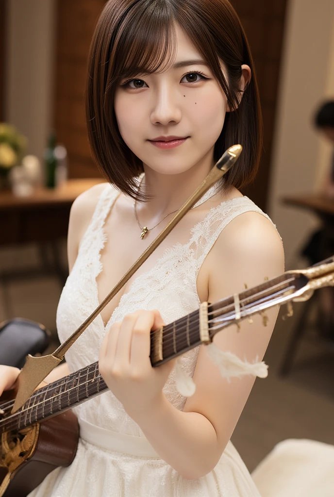 23 years old, big breasts, winter, european cityscape, (play guitar:2),night, outdoors, wearing a black dress,(half body:2), ((8k, RAW photo, highest quality, debris flies:1.2), (reality, reality的な:1.4), (Highly detailed 8k wallpaper), soft light, Details beauty eye, Shiny and smooth light brown hair, shiny skin, super dense skin, High resolution, detailed hairstyle, detailed beauty face, hyper real, perfect limbs, perfect , 1 Japanese girl, perfect female body, shy smile, short eyelashes, double eyelid, Hair style is ponytail, Realistic Red Sotheby Girl Photo, short bob cut,