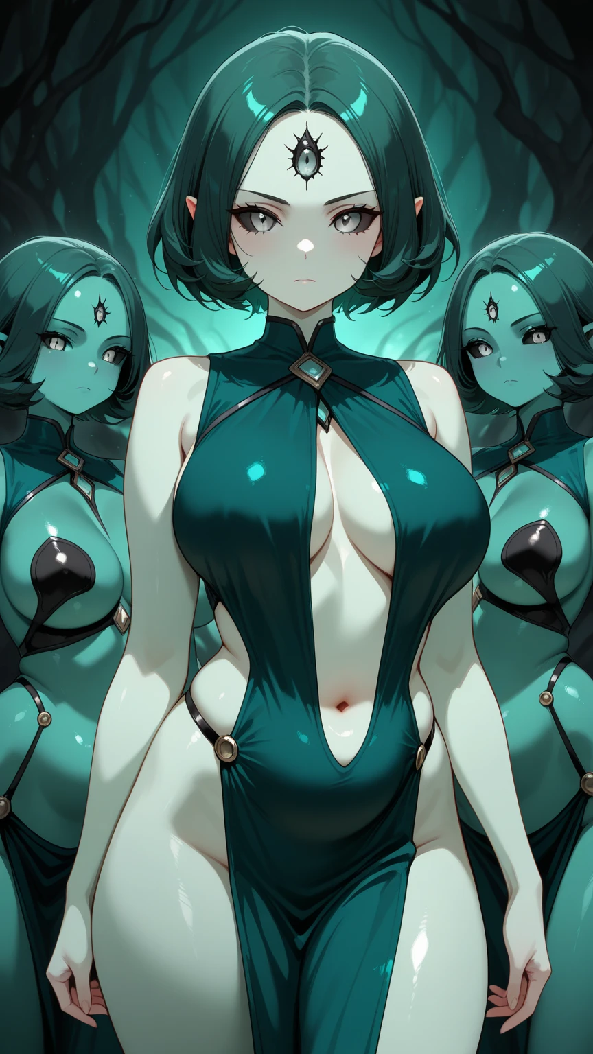 Conjoined four headed Tsubaki  with six arms, four legs, three pierced enormous boobs