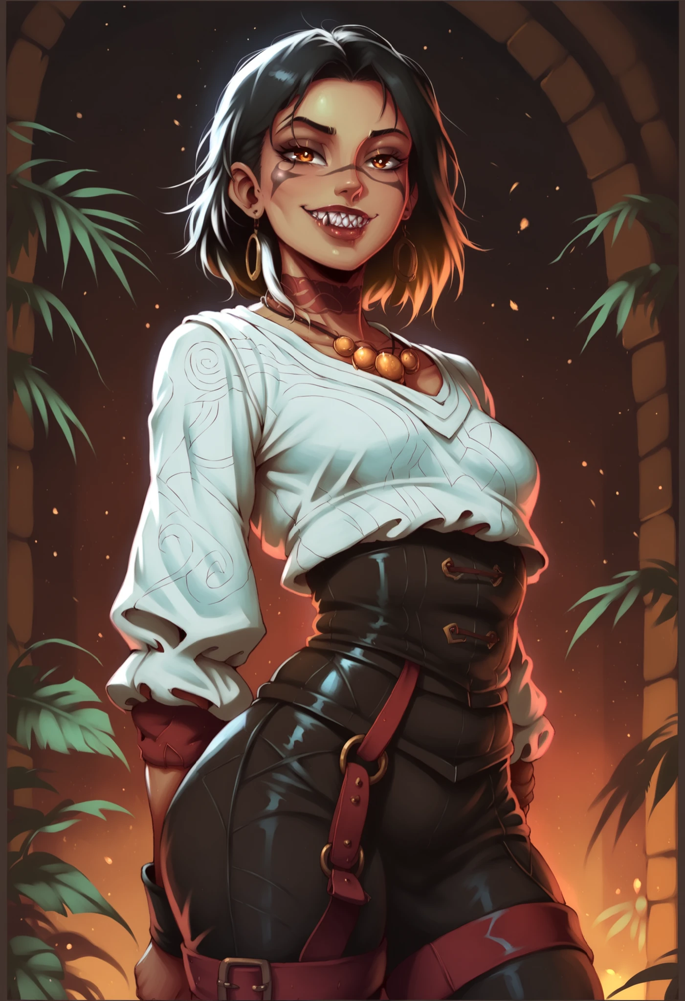 Woman looks like Annette from Castlevania Nocturne. Cute girl. Bronzefarbene Haut. She has a horizontal scar over her nose. She has sharp teeth. pointed fangs in her mouth. your body is athletic, with muscles and abs. B-Cup. Sie hat rote, Asian and narrow eyes, A pretty, And young face and white braids. The Inca clothing made from the finest snakeskin-look leather with corset with leather straps (Schlangenhaut-Optik), and an amber necklace. atmospheric lighting. looks at the viewer. She has an innocent smile with lots of sharp teeth. Keine Tiere im Bild. Hintergrund: aztekischer Tempel, strong lineart, hdr, hdr colours, hdr colours. Sharp.