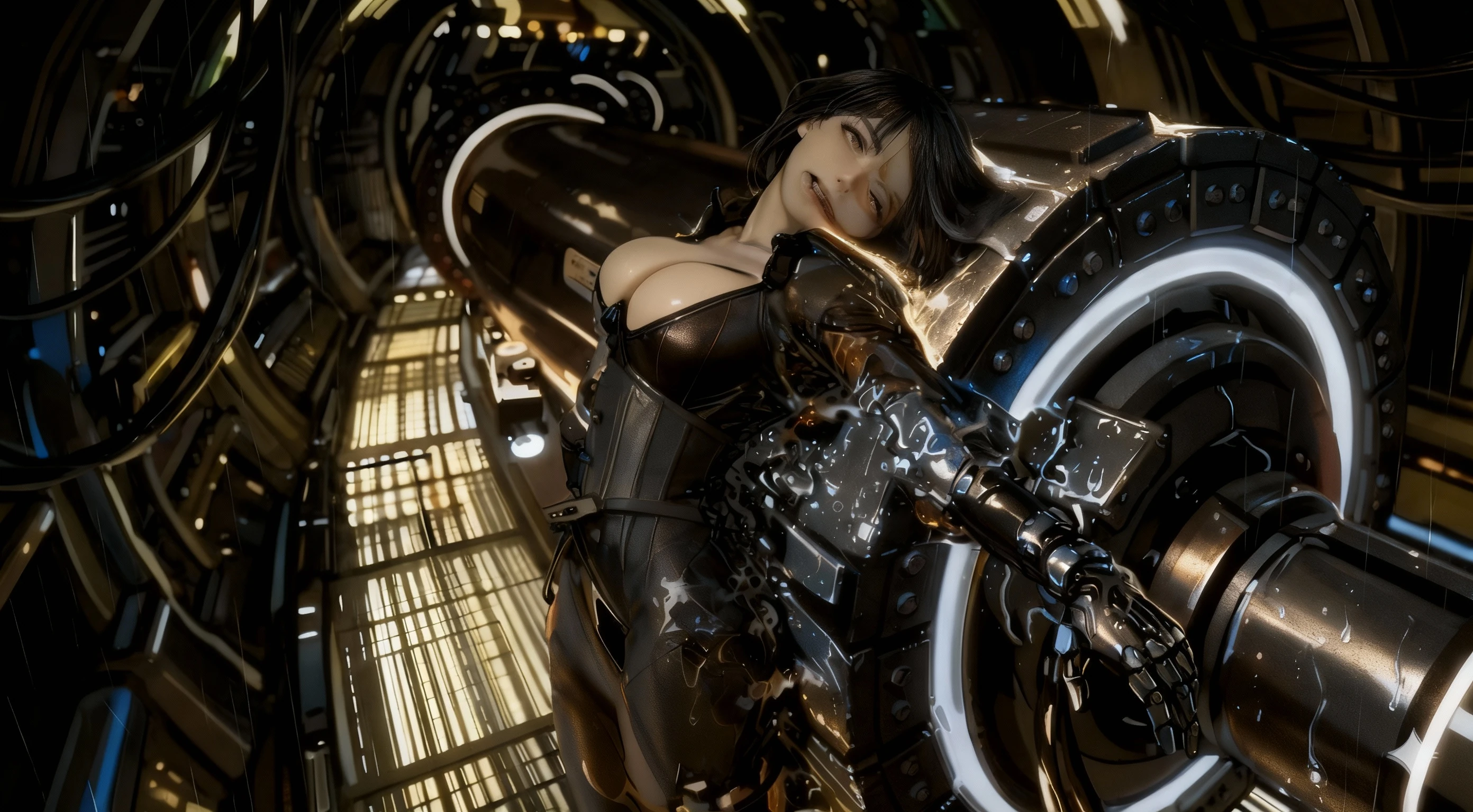 ((view from bottom):1.2) explosions in the background, night sky, (Sitting with one leg bent and foot resting on opposite knee:1.2) (Realisitc:1.5) woman terminator, gigantic breasts, big ass, <lora:EdobTerminatorHybridFemale_v1.0:0.8>