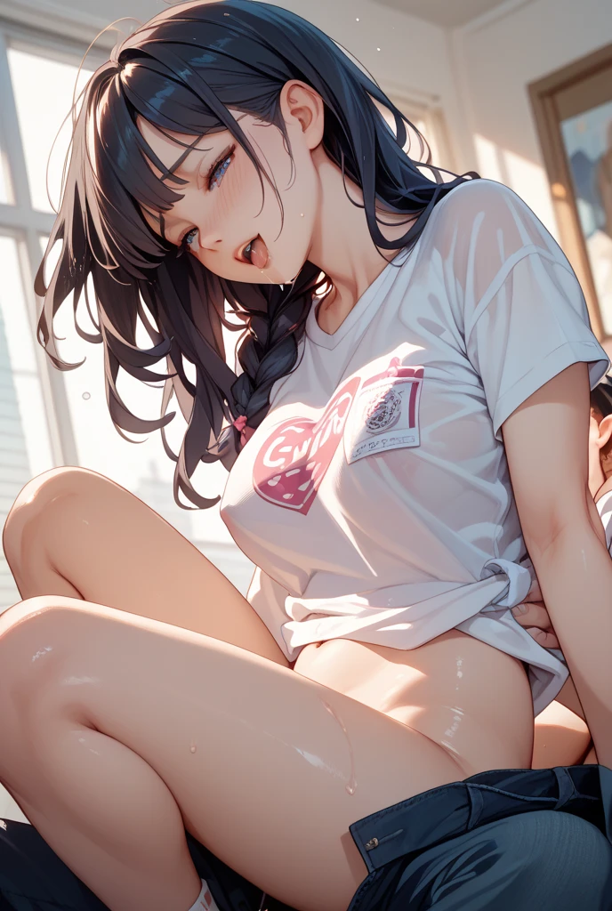 (((masterpiece, Highest quality:1.5,absurdres))),,30 year old beauty,(dark blue hair),((very small head:1.2)),long hair,bangs,dark blue eyes,gorgeous eyes,blush、,medium breasts,((very long body:1.3)),((toned body,slender body)),skinny,(((tan skin:1.2))),gleaming skin,shiny skin,sweat,((White turtleneck knitwear、Long sleeve、Underboob、navel、Beige shorts、Wet crotch、),White sneakers、sitting,:1.2,Black sofa、Coffee shop、Tokyo、