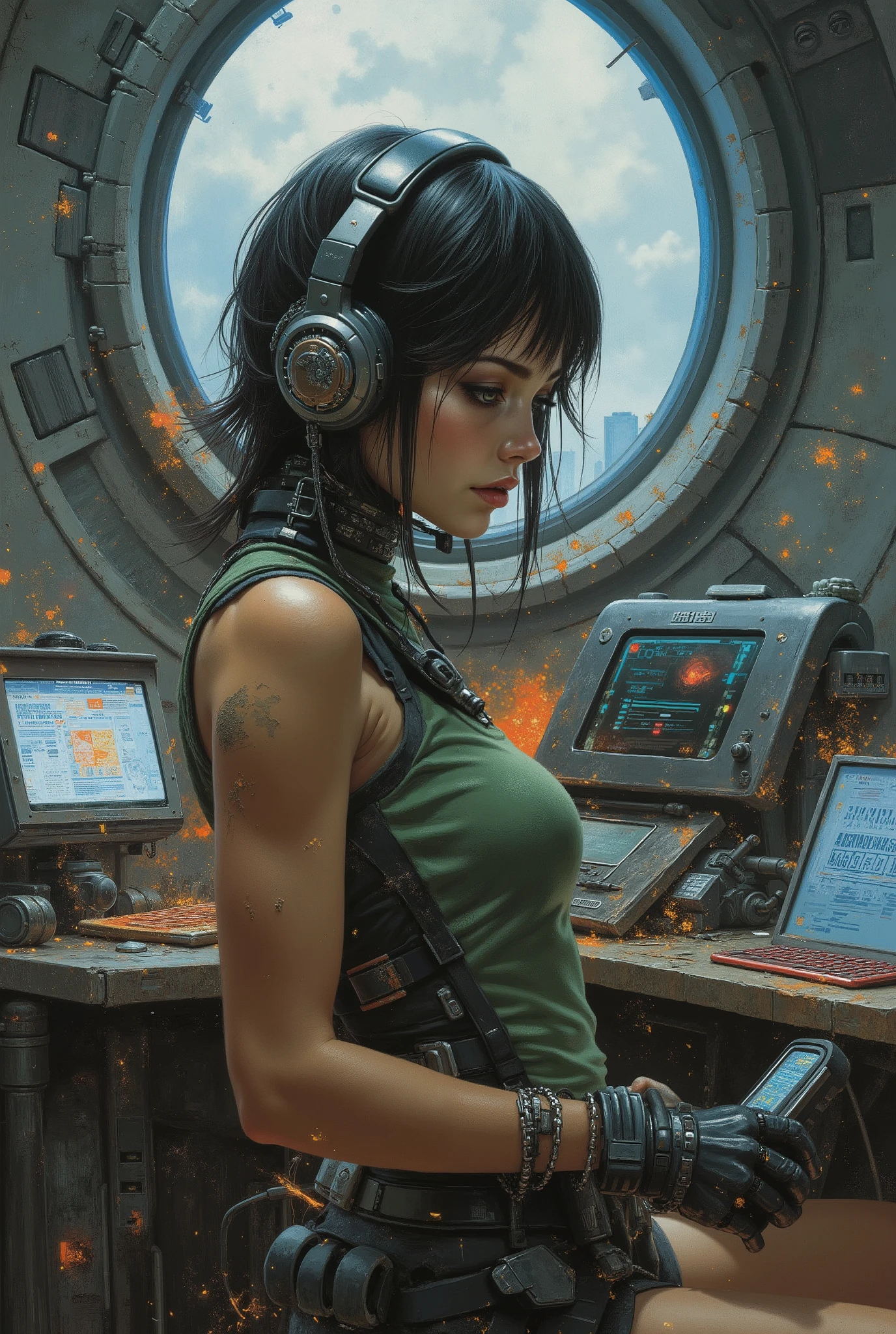 A sci-fi mech pilot broadcasting war updates from a battle-scarred command pod, sparks flying, dramatic lighting, robotic gear and mechanical interface around her, intense expression — futuristic war correspondent, cyberpunk anime, high-tech aesthetic
