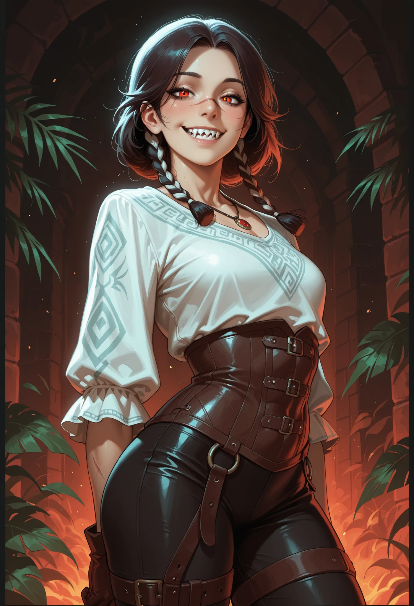 Woman looks like Annette from Castlevania Nocturne. Cute girl. Bronzefarbene Haut. She has a horizontal scar over her nose. She has sharp teeth. pointed fangs in her mouth. your body is athletic, with muscles and abs. B-Cup. Sie hat rote, Asian and narrow eyes, A pretty, And young face and white braids. The Inca clothing made from the finest snakeskin-look leather with corset with leather straps (Schlangenhaut-Optik), and an amber necklace. atmospheric lighting. looks at the viewer. She has an innocent smile with lots of sharp teeth. Keine Tiere im Bild. Hintergrund: aztekischer Tempel, strong lineart, hdr, hdr colours, hdr colours. Sharp.