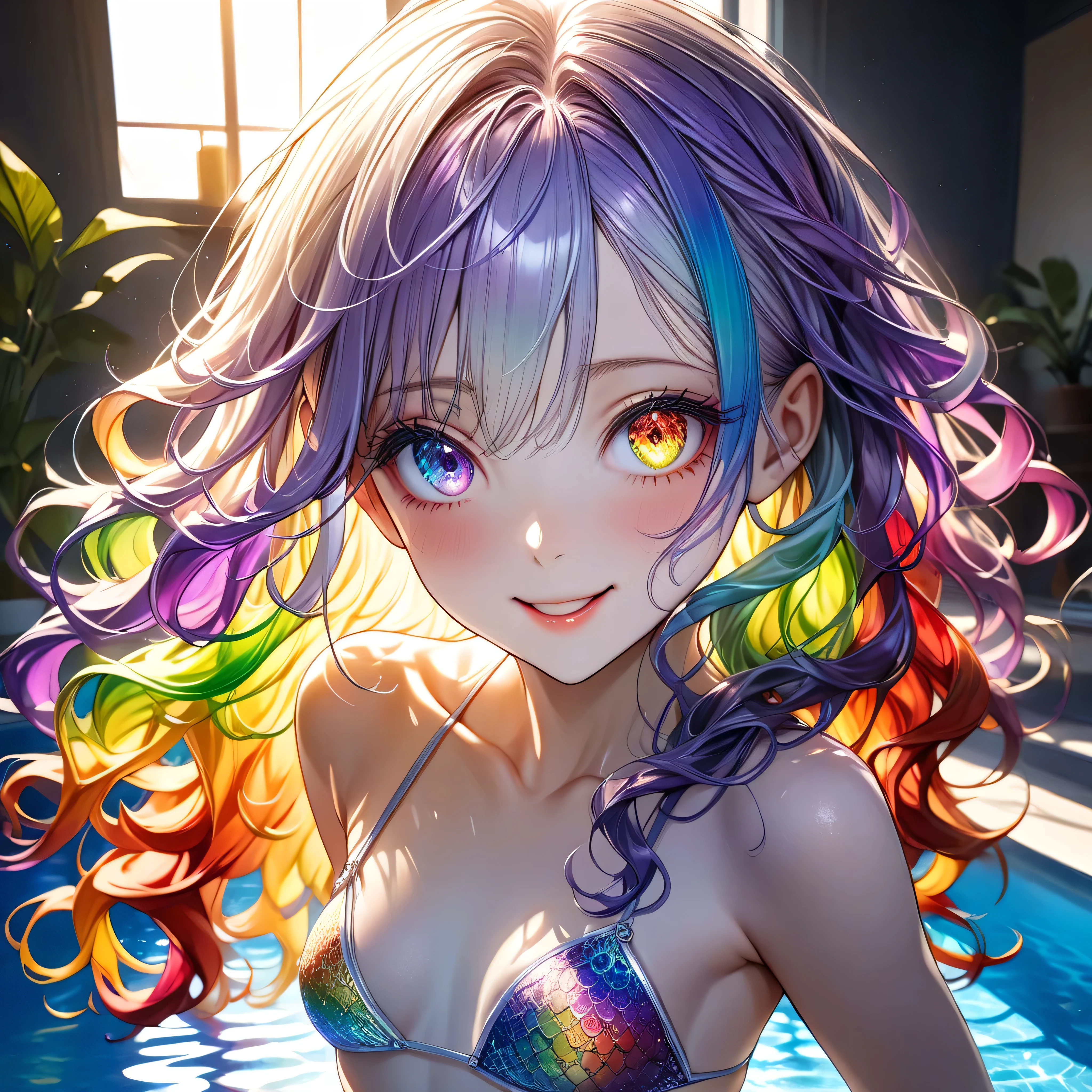 ((Top quality, ultra detailed, masterpiece, wallpaper, ultra realistic, highest photo resolution, 8K)), ((Glowing in the morning sun)), ((Long wavy hair in rainbow colors of red, blue, green, yellow, orange, indigo, and purple)), ((Heterochromia, silver and gold eyes)), (Best portrait), ((Sparkling detailed eyes)), ((Odd-eyed schoolgirl)), ((Heterochromia, silver and gold eyes)), ((Elaborately detailed eyes)), ((Crystal-like eyes)), (Highly detailed face), ((Long wavy hair in rainbow colors of red, blue, green, yellow, orange, indigo, and purple)), ((Anatomically accurate depiction)), ((Detailed down to the fingertips)), (Glossy skin, glossy lips, facial lighting), ((Translucent white skin)), (Standing posture: 1.0), (Small breasts), Slim body, (Slender thighs), (Slim waist), (Wearing a pale green silk bikini with a vibrant and delicate lace pattern), (Wearing an indigo pareo), (Rainbow-colored hair), (Bright smile), (Standing by the pool), (Sunrise rising over the horizon through a large window), (Glowing in the morning sun), (Hair blowing in the wind), ((from front, full body, look at viewer)), (One hand behind head), (Beautiful indoor pool scene)t