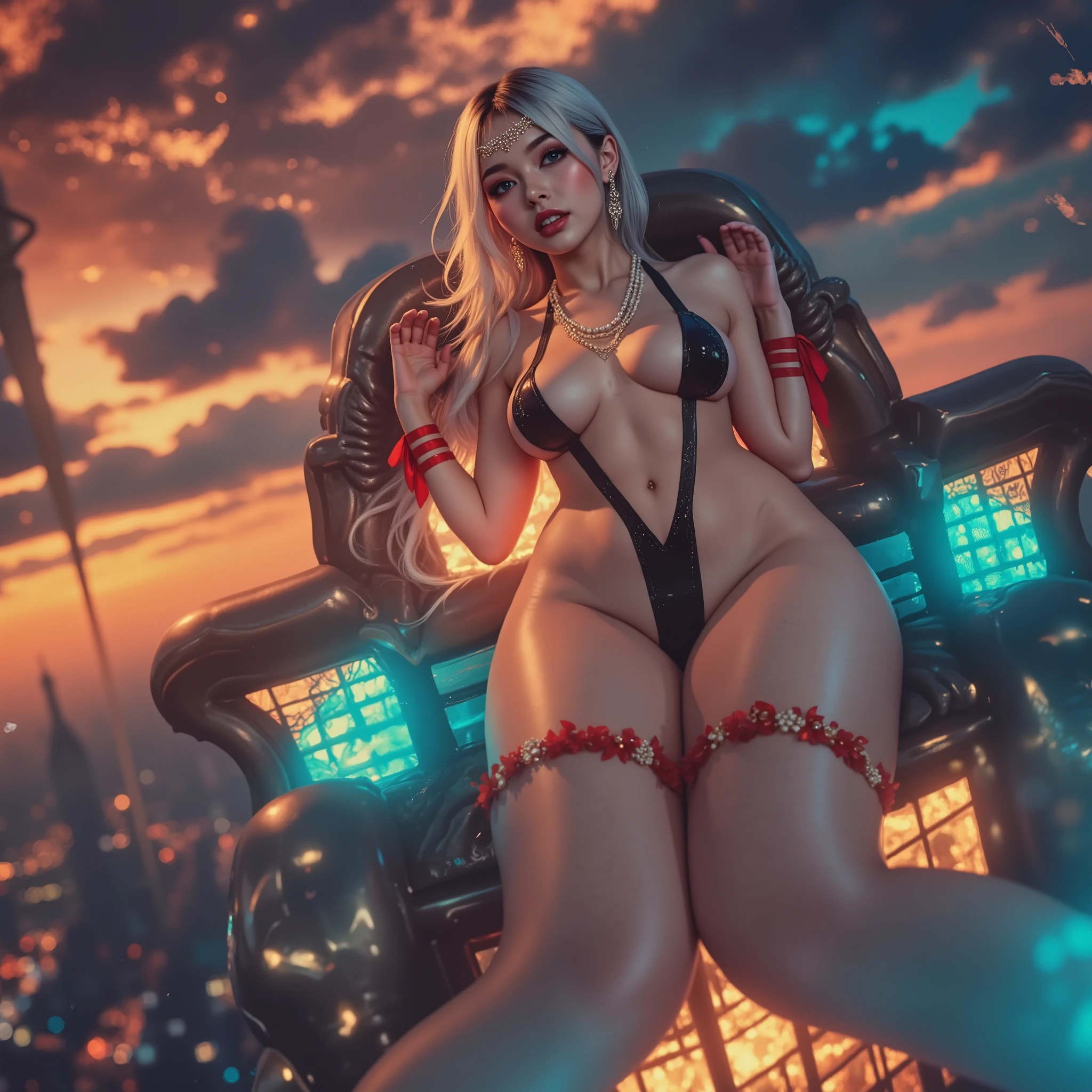 Masterpiece of HDR professional Commercial photo, (realistic and photorealistic with touch of rawness: 1.37), a close-up portrait of (KAWAII princess wearing thongs on Shapely from DirectlyAbove), in a Infinity pool on the roof of Skyscraper, The sky at dusk turns from GOLD, intricate lighting effects with light particles, (((many colorfull Lights dazzling bokeh))), Traffic lights, enjoying summer festival, { Childish | Overflowing Nudie BackBoob | Gigantic Cleavage } . (((NOGIZAKA))) Extremely Detailed very KAWAII face variation, captivating gaze, Delicate reflective eyes, Talking open Lips with beautiful details, Coquettish KissableTongue, Rosy cheeks. (Dynamic joyful expressions), { pleasure in agony | | :D | screaming | Perplexed }, Mystic sight, { Full of flowers | Red | leather high collar with chains | Red ribbon | Tiny Coronet | Pearl earrings | Platinum | chignon }, Shapely Nudie , Anatomically correct whole body and all limbs, Super-Detailed Rich Textures, Ultra-Fine, Overlooking Down composition, bird's-eye view