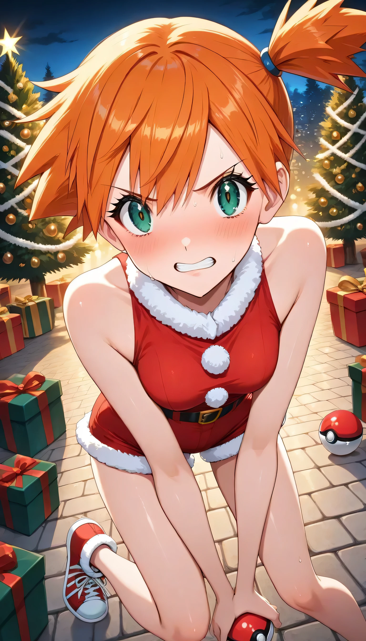 (Misty: 1girl, and, green eyes, orange hair, Bang, side ponytail, Hair tie, short hair, Santa Outfits, Santa's shorts, legs, , red sneakers),solo, While holding a Pokémon PokéBall 1.2, Christmas tree,illuminations,Volume Lighting,Christmas gifts,night,Street,dynamic angle during rape,Blissful,Lean forward ,(top quality,Exquisite Facial Features,warm lighting,super high resolution)