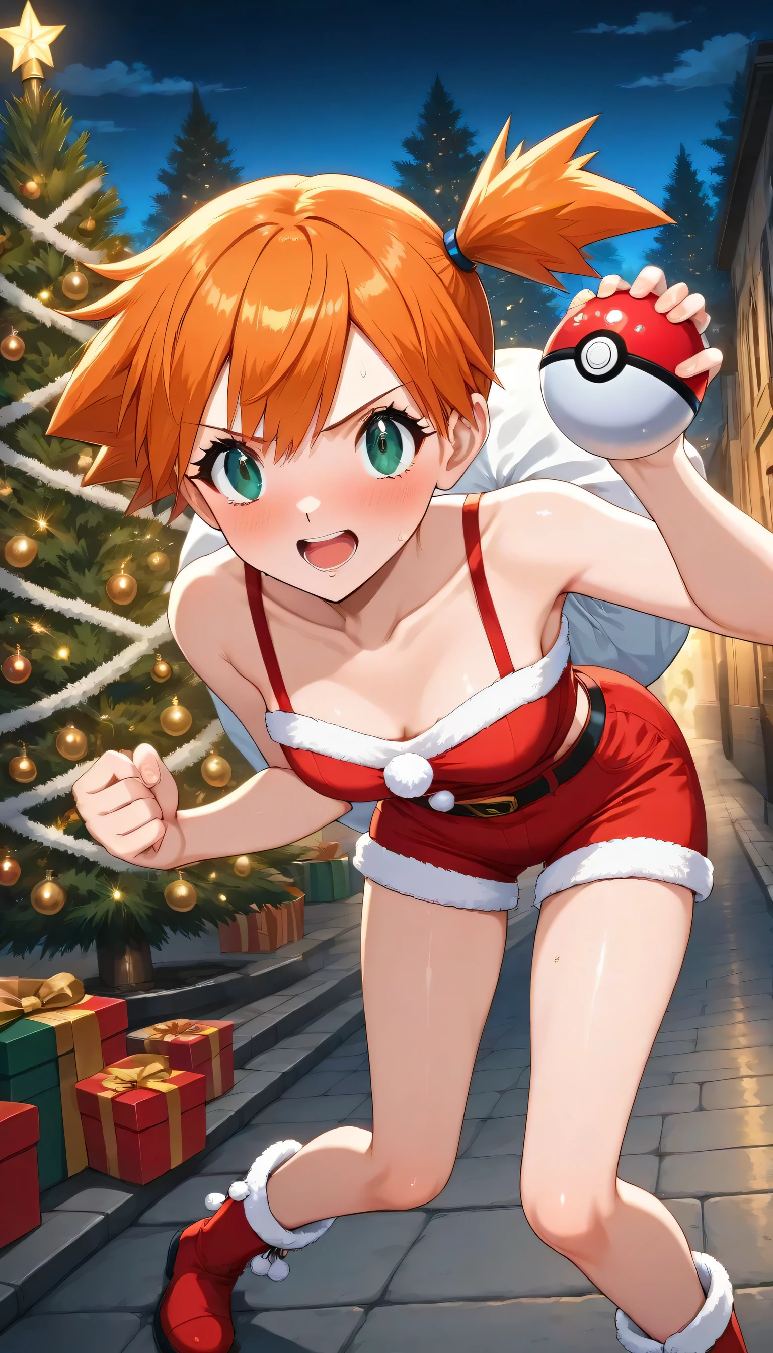 (Misty: 1girl, and, green eyes, orange hair, Bang, side ponytail, Hair tie, short hair, Santa Outfits, Santa's shorts, legs, , red short sheepskin boots),solo, While holding a Pokémon PokéBall 1.2, Christmas tree,illuminations,Volume Lighting,Christmas gifts,night,Street,dynamic angle during rape,Blissful,Lean forward ,(top quality,Exquisite Facial Features,warm lighting,super high resolution)