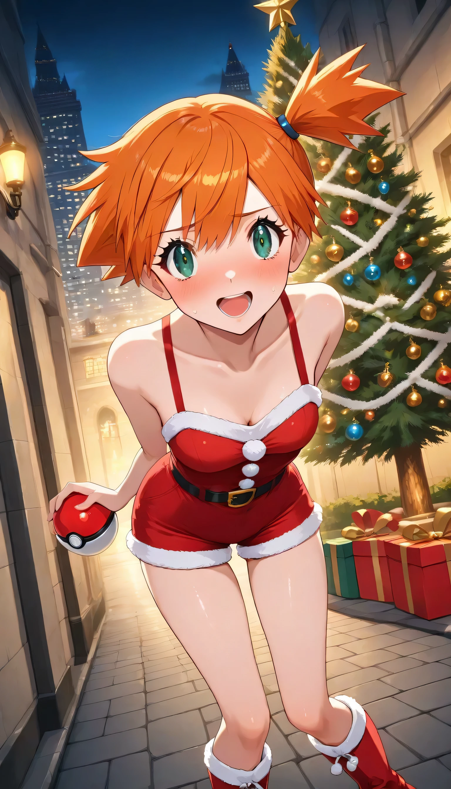 (Misty: 1girl, and, green eyes, orange hair, Bang, side ponytail, Hair tie, short hair, Santa Outfits, Santa's shorts, legs, , red short sheepskin boots),solo, While holding a Pokémon PokéBall 1.2, Christmas tree,illuminations,Volume Lighting,Christmas gifts,night,Street,dynamic angle during rape,Blissful,Lean forward ,(top quality,Exquisite Facial Features,warm lighting,super high resolution)