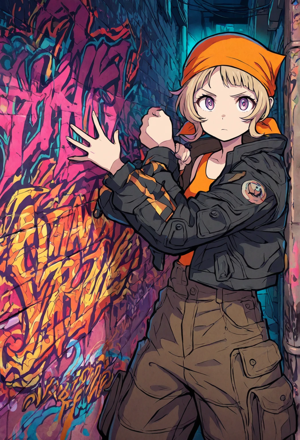 (absurdres, 8k, 4k, masterpiece, hyper extreme detailed:1.2), solo, 1girl, front view, perfect face, 1girl, portrait, looking at viewer, solo, standing, Female, toned body, mature female, , pale, blonde hair, medium hair, sarcastic, delinquent, purple eyes, swept bangs, scars, casual wear, street wear, gross, messy, dirty, bloody, snarky, smirk, medium body, gyaru, crazy face, crazy smile, crazy eyes, hands on , shorts, wind, windy hair, moving hair, black ribbon, hair buns, adventurous, scarf, gloves, draping hair, eye patch, shirt,

