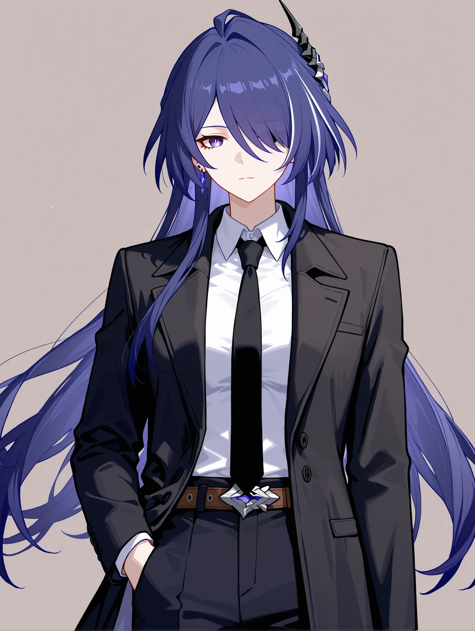 Purple Hair,Super long hair with volume,Adult female,(suit),White Y-shirt,((Rolling up his sleeves)),(corset),(Black skirt),(Slim silhouette skirt),(High heels),Heels are visible,((Simple white background)),smile,((whole body)),((full body)),Character Sheet,