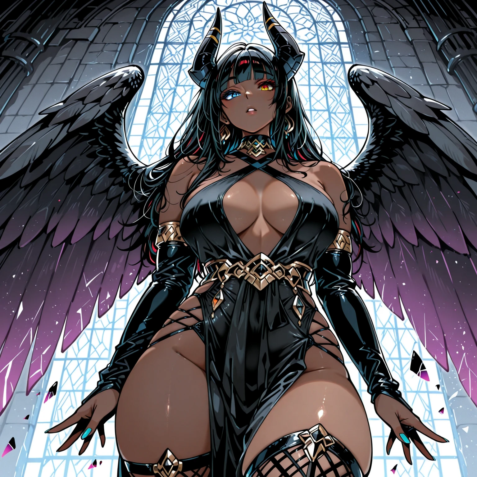 African Woman, black skin. Species: Succubus. Huge black wings on her back. ram horns on her head. Long, slender tail that ends in a spear-tip. Green eyes. Huge breasts. Wide hips, with shoulders of equal width. 5'9" tall. Appears 25 years old. Long, wavy black hair. fully .