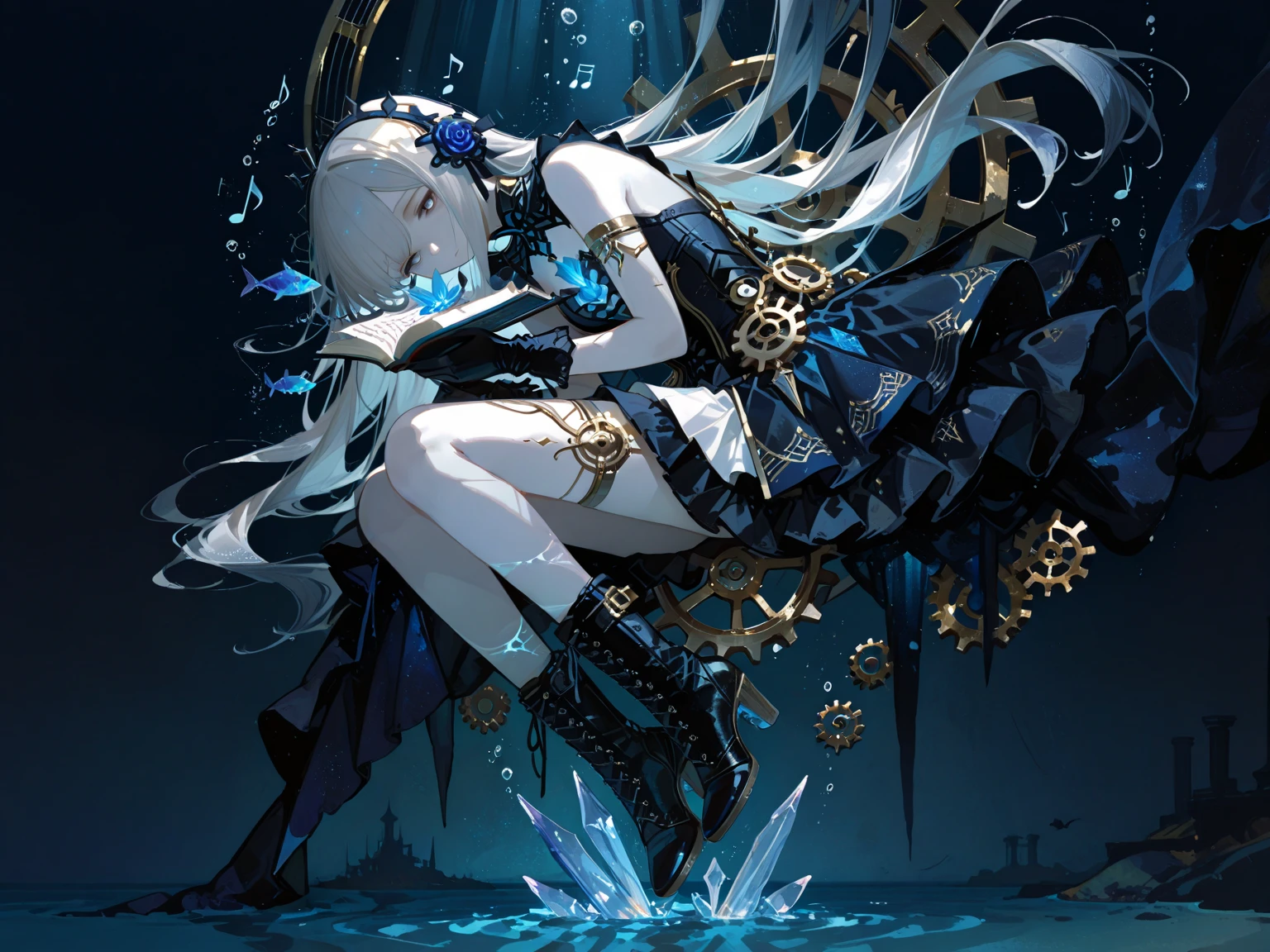 masterpiece, best quality, JingliuV5, 1girl, solo, gloves, gloves, dress,  shoulders, closed mouth, boots, sky, black gloves, black footwear, blindfold, night sky, full moon, elbow gloves, armpits, arms up, ((chain, bound, restrained:1.3)), sitting, wariza, night, starry sky, sky, cowboy shot, view from below, far shot