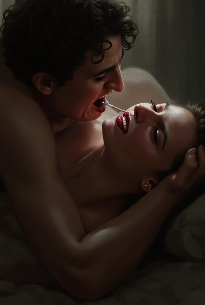 , , , , (A young man with long hair in a messy bun and a lanky skinny build lies in bed with a woman with small sagging breasts who is five years his senior. (french kiss, tongue, saliva) They are both , with the man positioned behind the woman in a spooning position. The man's hand is fondling the woman's breast, while his other hand is between her legs,  his  deeply into her  . The woman's head is thrown back in  as the man kisses and nibbles on her neck. Her hairy  is open to him. The room is dimly lit, with candles casting a warm glow over the couple's entwined bodies. The  are the centre of the image. hairy , hairy bush, full bush, thick bush!, excessive pubic hair) ((hairy , hairy bush, thick bush!, full bush, deep ,   ))
