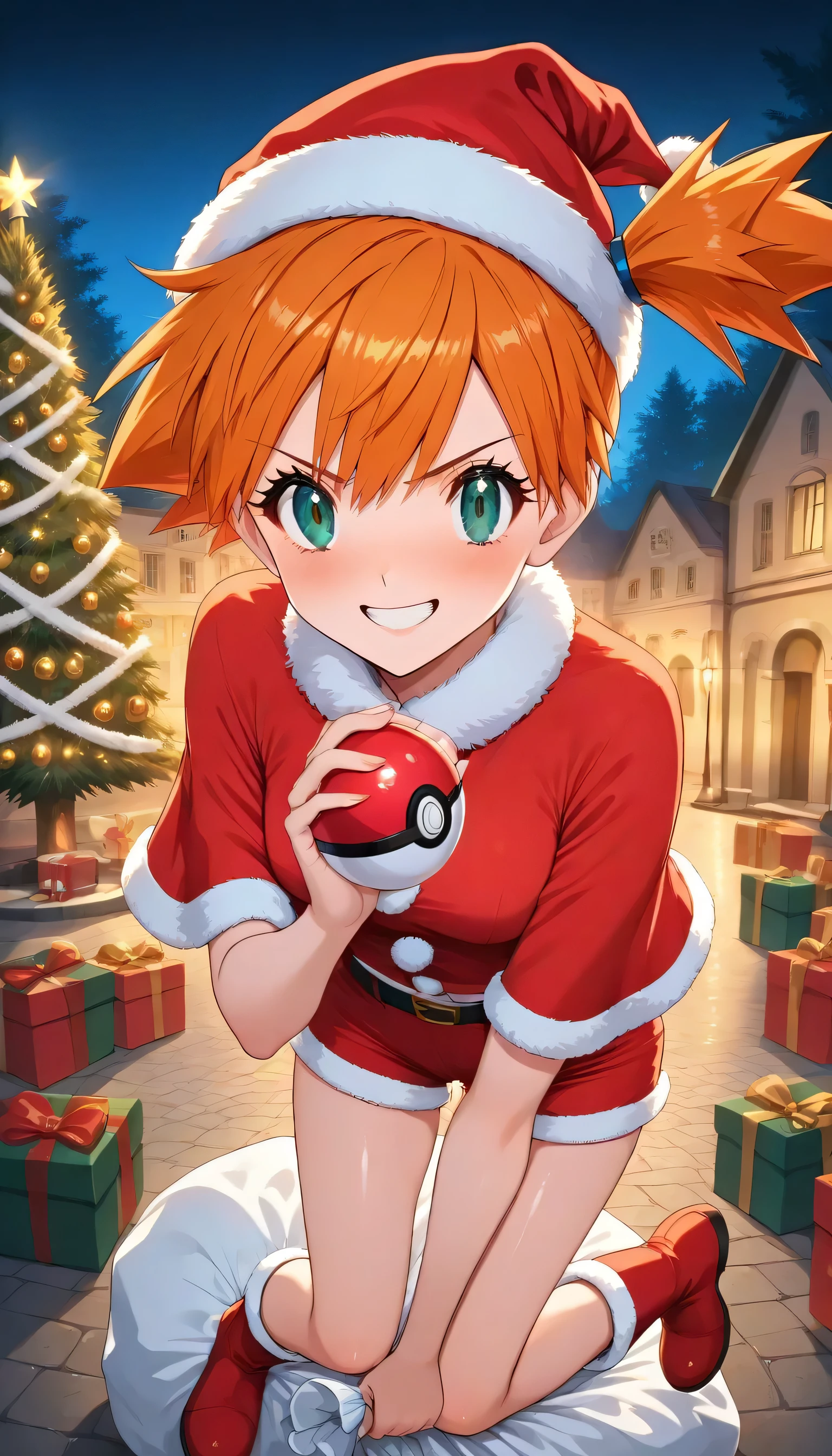 (Misty: 1girl, and, green eyes, orange hair, Bang, side ponytail, Hair tie, short hair, Santa Outfits, Santa's shorts, legs, Santa Hat, red short sheepskin boots),solo, While holding a Pokémon PokéBall 1.2, Christmas tree,illuminations,Volume Lighting,Christmas gifts,night,Street,dynamic angle during rape,Blissful,Lean forward ,(top quality,Exquisite Facial Features,warm lighting,super high resolution)
