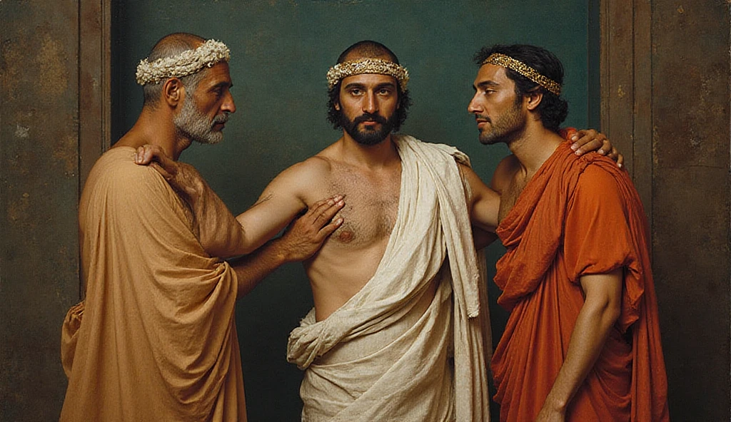 a black and white drawing. The youthful muscles have turned to fat, the bronzed flesh to paunches. The men are balding or greying, and the women's dimples have turned to wrinkles. From what they say, you learn that the city has ignored them. None of them received a hero's welcome and One of the youths has been stoned. Now they have sunk into sullen reminiscences about glorious days long ago; seven and a half years after coming home, the six surviving youths and five maidens of Athens are still fighting the darkness of Knossos.{{{{{monochrome}}}}}