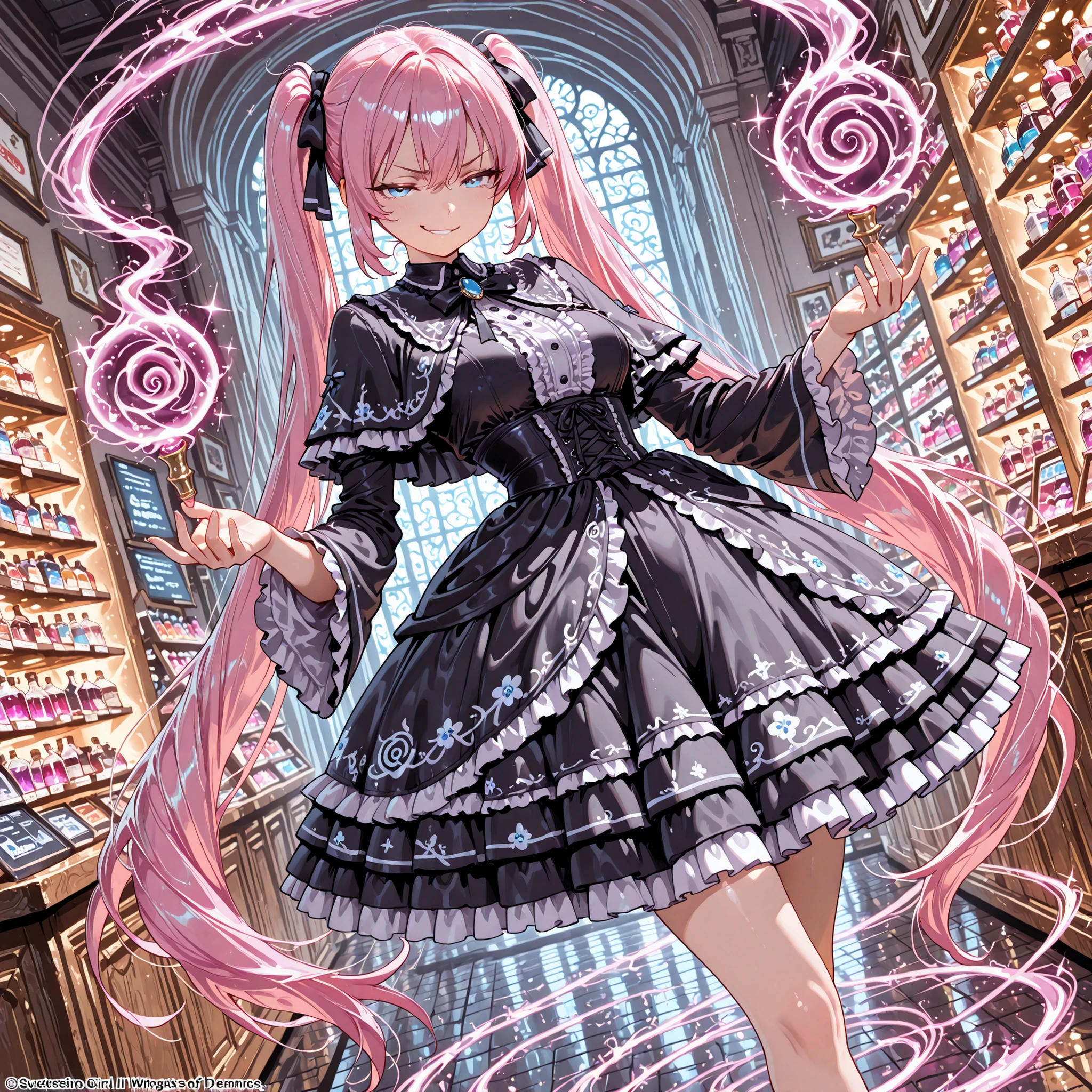magic, spiral, spiral streak, spiral energie, spiral magic, spiral around body,Dutch angle,dynamic pose,
Masterpiece, high quality, very detailed,
((Sweet Dream Girl of Magic Store, wear a gothic full clothes))
You can rent magic tools and potions, but what is the price the shop owner demands in exchange? What happens after you wake up)),
dutch angle, ,,Masterpiece, high quality, ultra-detailed 1girl,solo,
very long long long twintails pink hair,
nice anime lightblue eyes,
smirk, tonic body, smirk,
in background indoor magic-store, many potions and many magic tools.