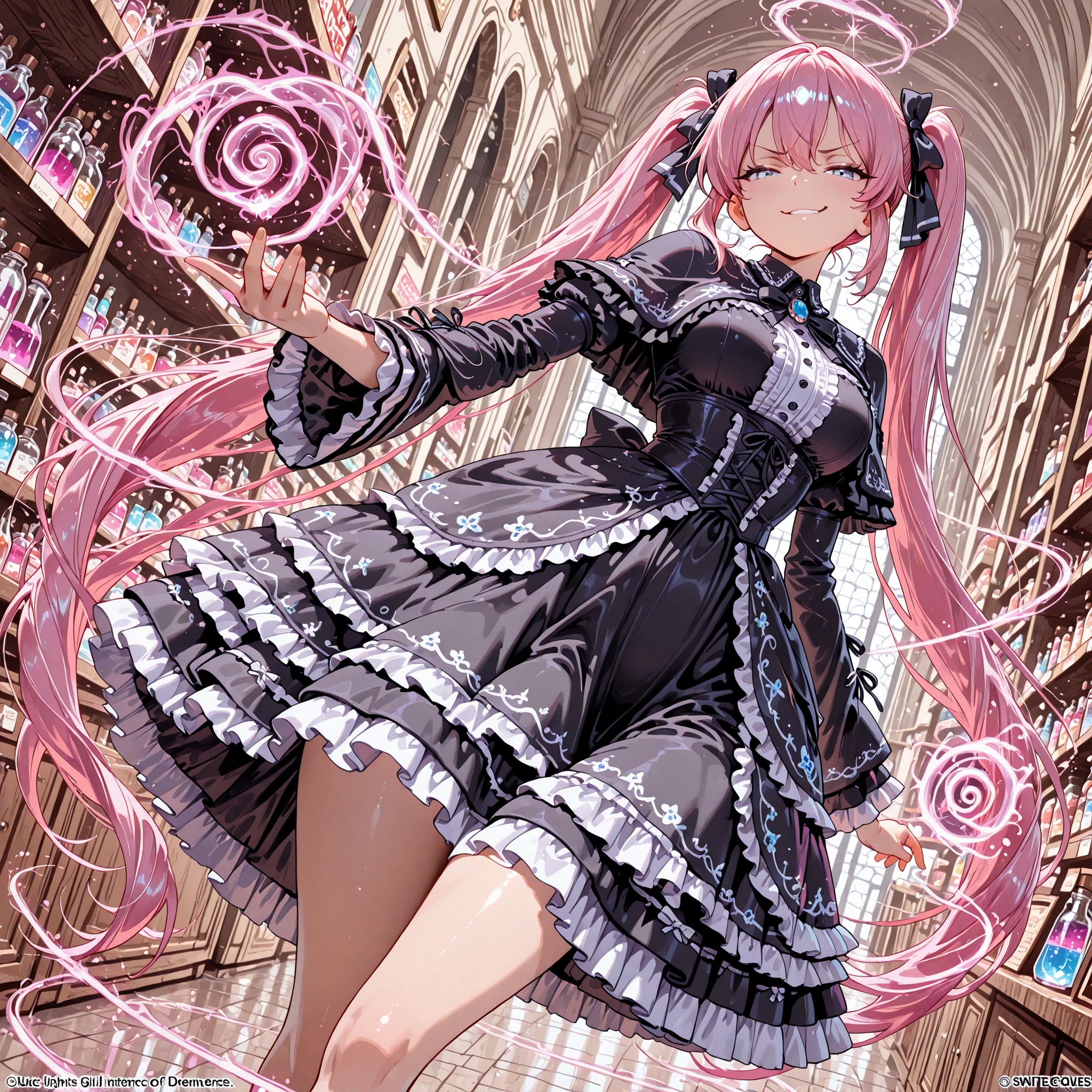 magic, spiral, spiral streak, spiral energie, spiral magic, spiral around body,Dutch angle,dynamic pose,
Masterpiece, high quality, very detailed,
((Sweet Dream Girl of Magic Store, wear a gothic full clothes))
You can rent magic tools and potions, but what is the price the shop owner demands in exchange? What happens after you wake up)),
dutch angle, ,,Masterpiece, high quality, ultra-detailed 1girl,solo,
very long long long twintails pink hair,
nice anime lightblue eyes,
smirk, tonic body, smirk,
in background indoor magic-store, many potions and many magic tools.