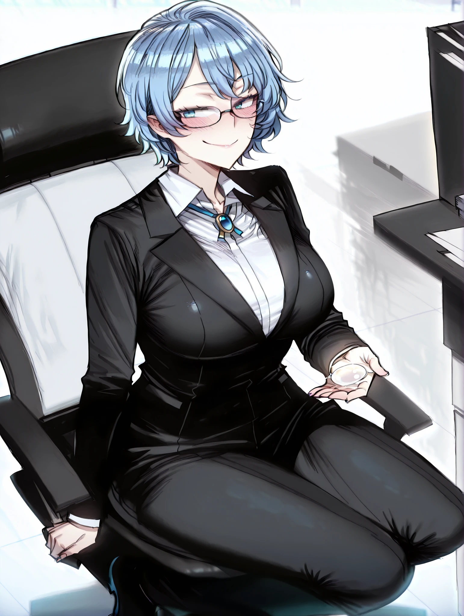 1 girl, wavy hair, short hair, glasses, cerulean blue hair, flirty smile, black suit, solo, blue eyes, front, full body, ratatatat74 style, office, papper's in hand, sitting