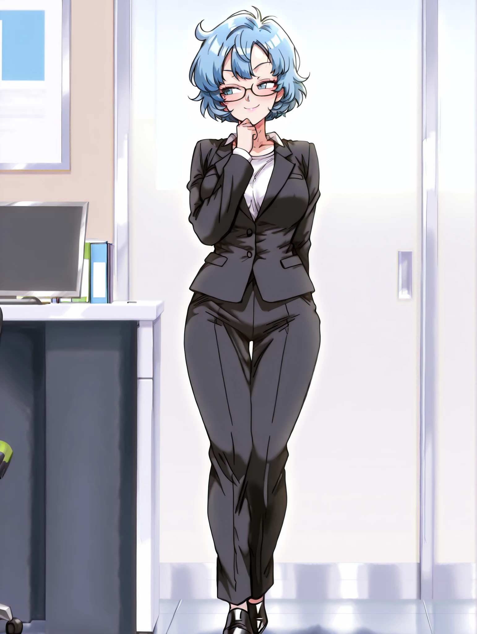 1 girl, wavy hair, short hair, glasses, cerulean blue hair, flirty smile, black suit, solo, blue eyes, front, full body, dragon ball style, office, papper's