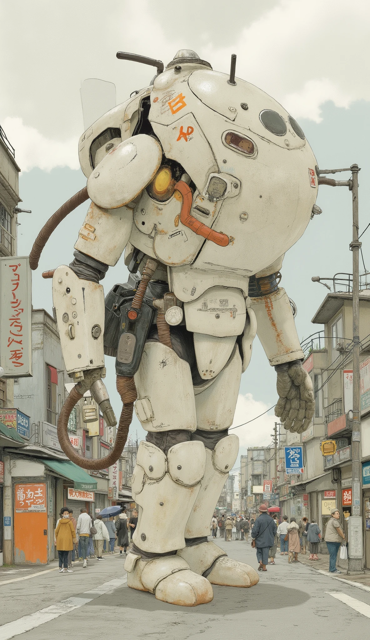 robot,robo,powered suit,armored suit,Ma.k、dynamic action、Japanese comics、Detailed Illustration、Central Tokyo 、Sci-fi anime、By Taiyo Matsumoto、全体的な雰囲気は懐かしいSci-fi anime