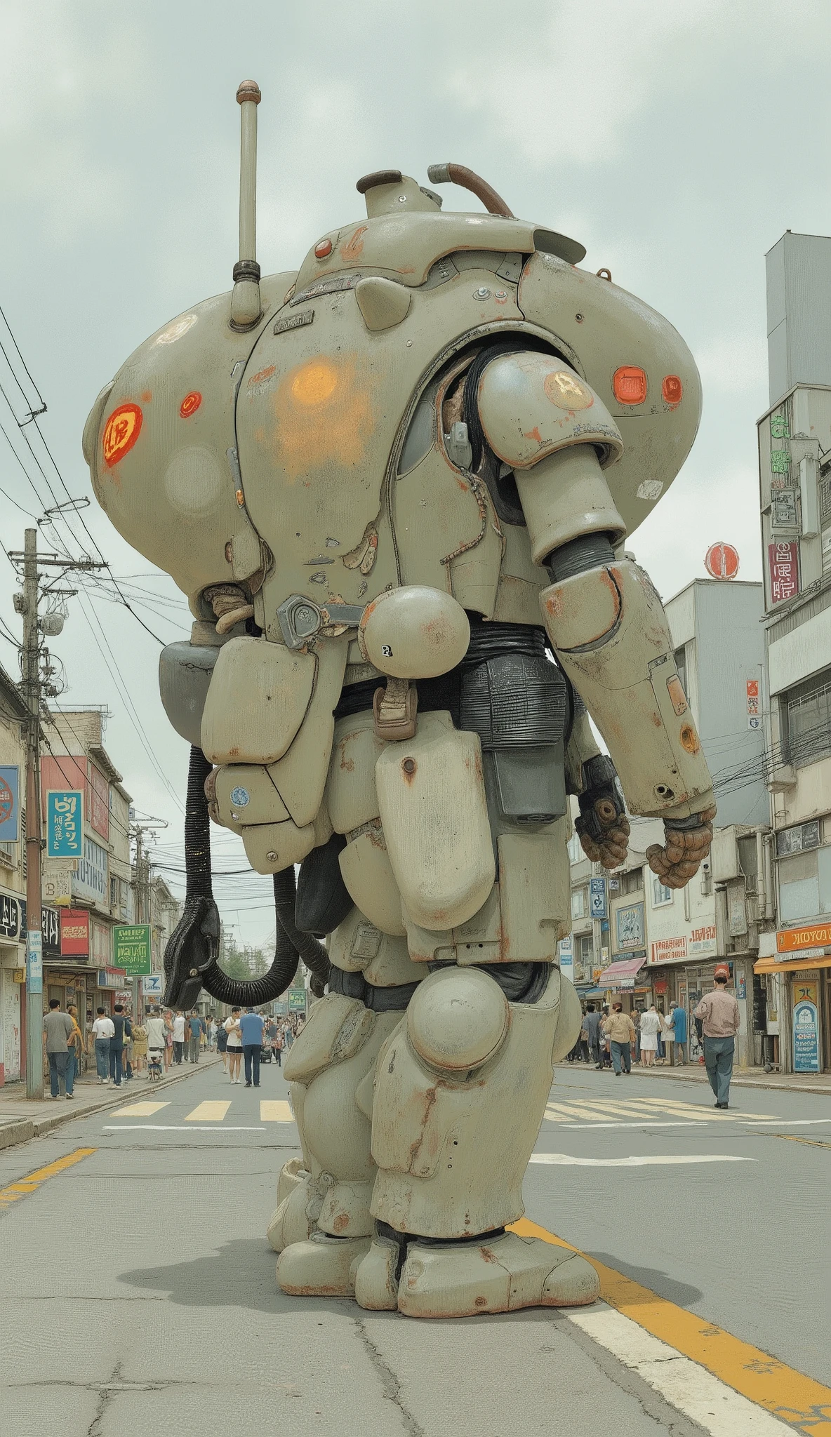 robot,robo,powered suit,armored suit,Ma.k、dynamic action、Japanese comics、Detailed Illustration、Central Tokyo 、Sci-fi anime、By Taiyo Matsumoto、全体的な雰囲気は懐かしいSci-fi anime