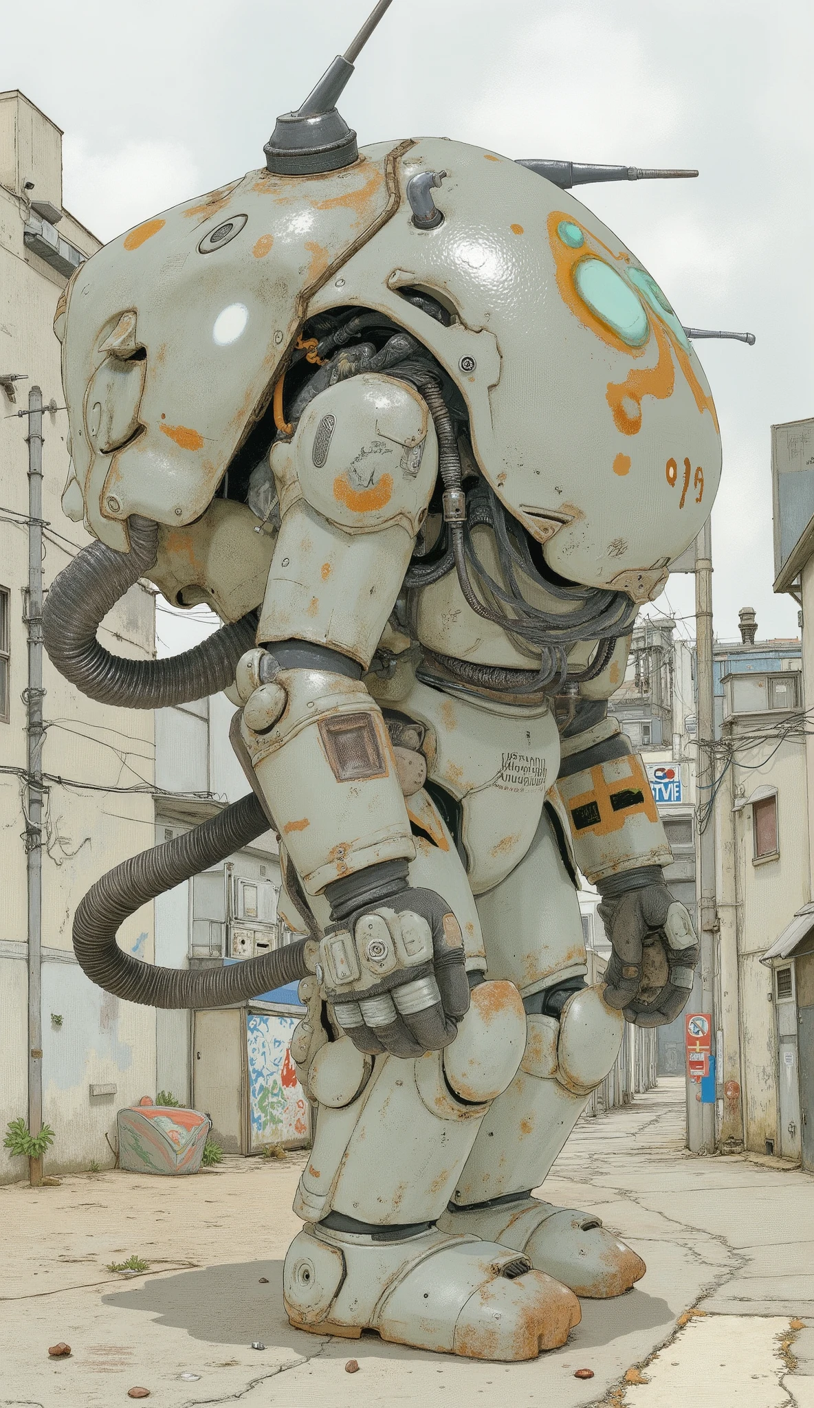 robot,robo,powered suit,armored suit,Ma.k、dynamic action、Japanese comics、Detailed Illustration、Central Tokyo 、Sci-fi anime、By Taiyo Matsumoto、全体的な雰囲気は懐かしいSci-fi anime