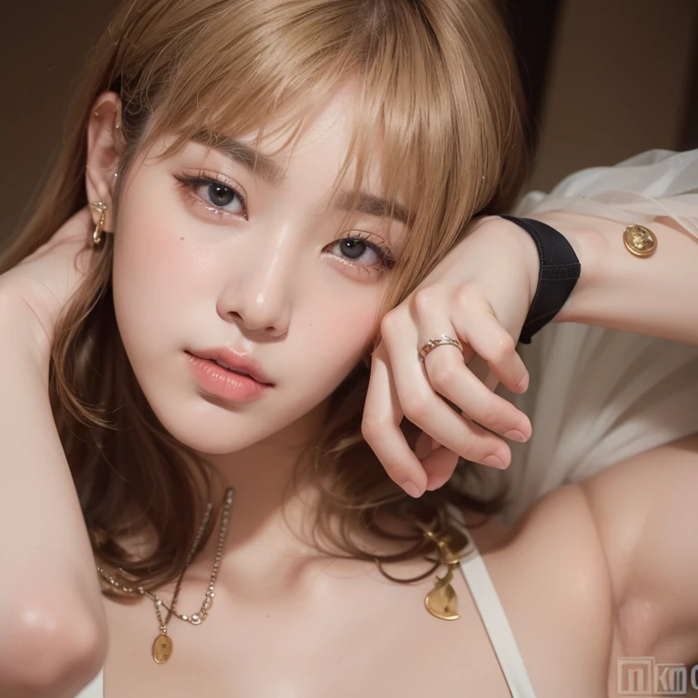 ((Highest quality, 8K, masterpiece :1.3)), Sharp focus :1.2, Beautiful woman with perfect figure :1.4, Slim Abs :1.2, ((Big Breasts, Emphasize cleavage:1.3)), (Photorealistic:1.4), (realistic:1.4), Highly detailed face and skin texture, Fine grain, double eyelid. Makeup face. A little bit of lipstick, necklace, Earrings,  appeal, Sexy gravure pose, ((A beautiful blonde woman in blue lace 、Smiling and posing sexily in a luxury hotel in spring。:1.3)