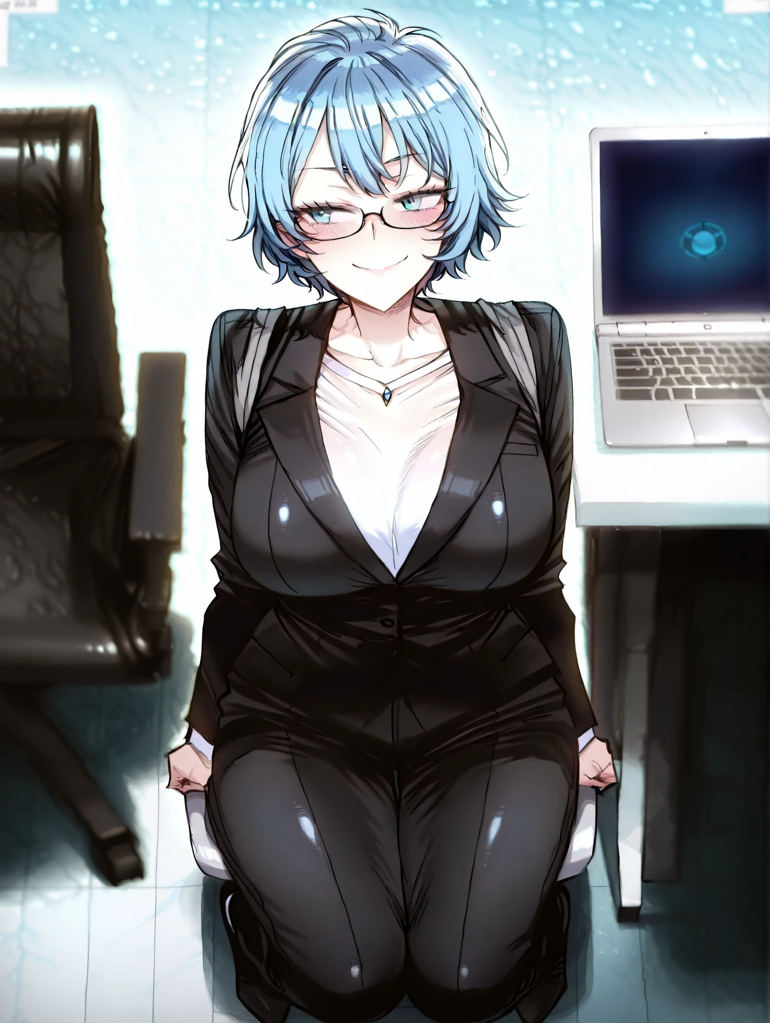 1 girl, wavy hair, short hair, glasses, cerulean blue hair, flirty smile, black suit, solo, blue eyes, front, full body, ratatatat74 style, office, laptop in hand, sitting