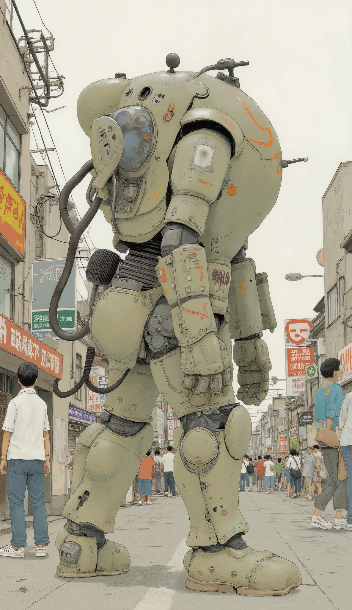 robot,robo,powered suit,armored suit,Ma.k、back view、dynamic action、Japanese comics、Detailed Illustration、About one size larger than a human being、Central Tokyo 、Sci-fi anime、By Taiyo Matsumoto、全体的な雰囲気は懐かしいSci-fi anime