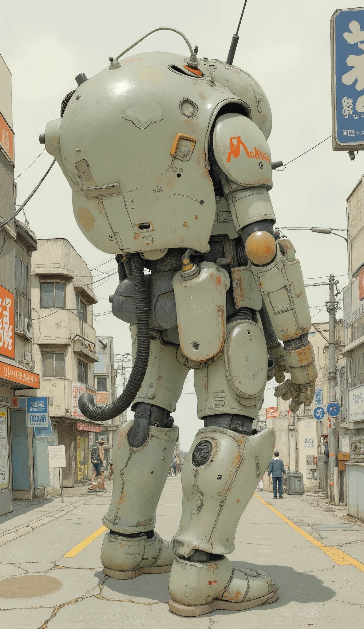 robot,robo,powered suit,armored suit,Ma.k、back view、dynamic action、Japanese comics、Detailed Illustration、About one size larger than a human being、Central Tokyo 、Sci-fi anime、By Taiyo Matsumoto、全体的な雰囲気は懐かしいSci-fi anime、I have a McDonald's tote bag