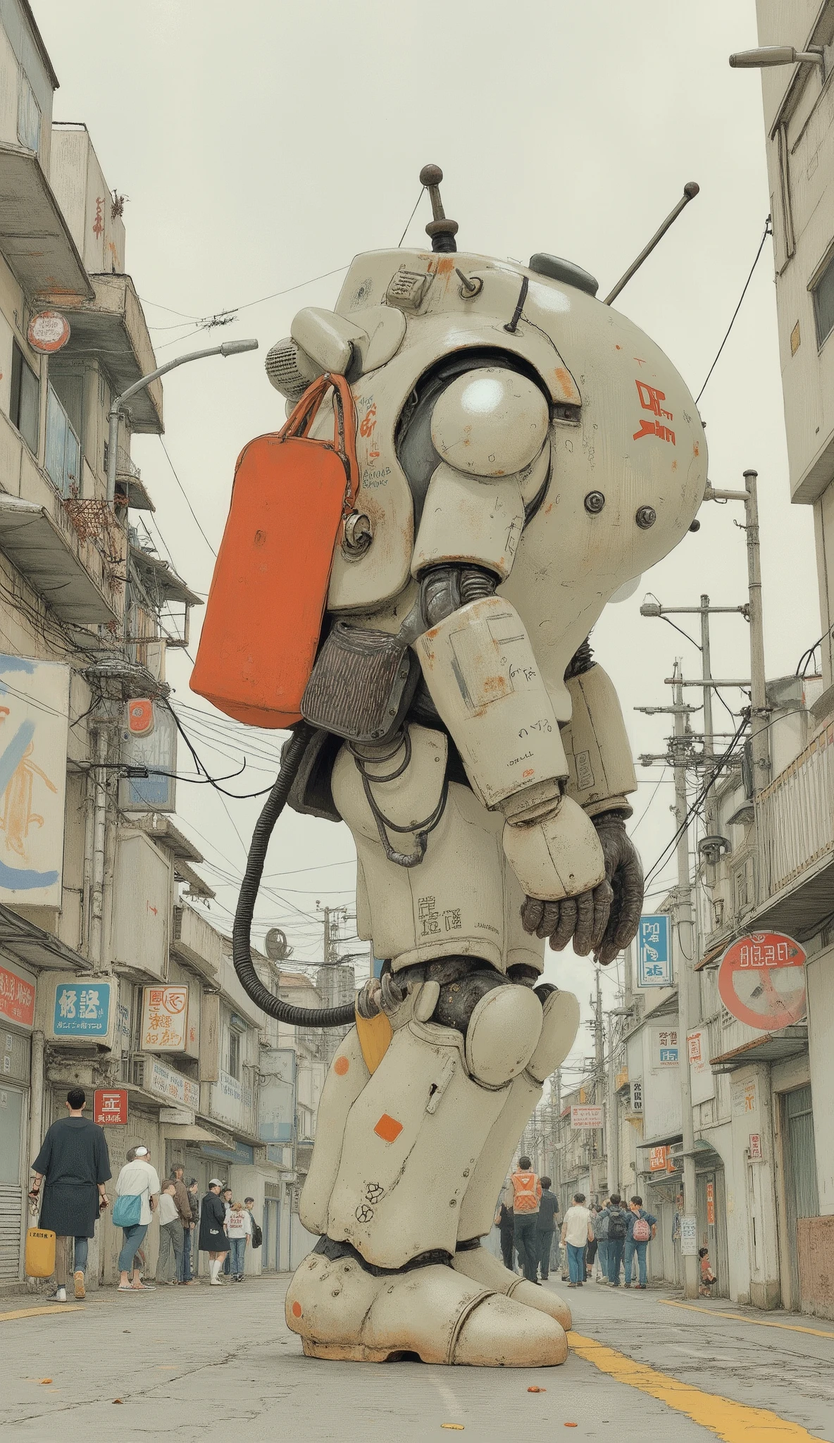 robot,robo,powered suit,armored suit,Ma.k、back view、dynamic action、Japanese comics、Detailed Illustration、About one size larger than a human being、Central Tokyo 、Sci-fi anime、By Taiyo Matsumoto、全体的な雰囲気は懐かしいSci-fi anime、I have a red tote bag