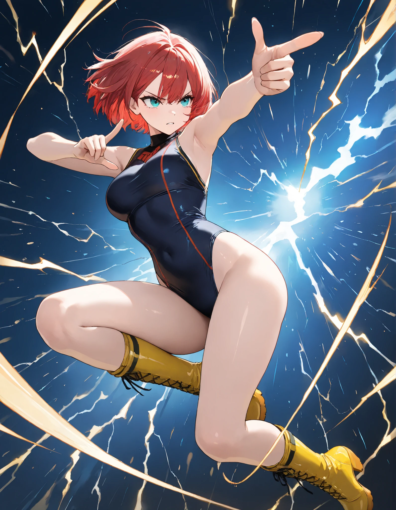 1girl, solo, masterpiece, best quality, black leotard, long sleeves, pirate costume, (pirate hat, pirate boots), body infused with electricity, lighting, particles, redhead, green eyes, blue aura, energy field, full body shot, depth of field, looking at viewer, spread arms,  legs, medium breasts, bob hair, perfect , perfect hands, tall body, belt