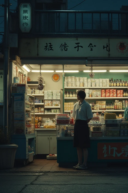 (best quality,highres:1.2),ultra-detailed,realistic,portrait:1.37,detailed eyes,detailed lips,beautiful detailed face,longeyelashes,midnight convenience store,mysterious customer,beautiful female shop assistant,dark atmosphere,glimmering streetlights,neon signs,shadows,reflection on the wet ground,impeccably clean store shelves,wide range of products,convenience store uniform,subtle smile,professional,slight curiosity in her eyes,loneliness,empty aisles,muffled conversations from afar,cigarette smoke,slight foggy effect from the cooling system,soft warm lighting,fluorescent light tubes,humming sound of refrigerators,quiet and calm ambiance,urban scene,mirrored surfaces,lonely cash register on the counter,lonely shopping basket,late-night customers rushing in,bags of snacks and drinks,cash transactions,night shift,quiet passing of time,peaceful and silent night.