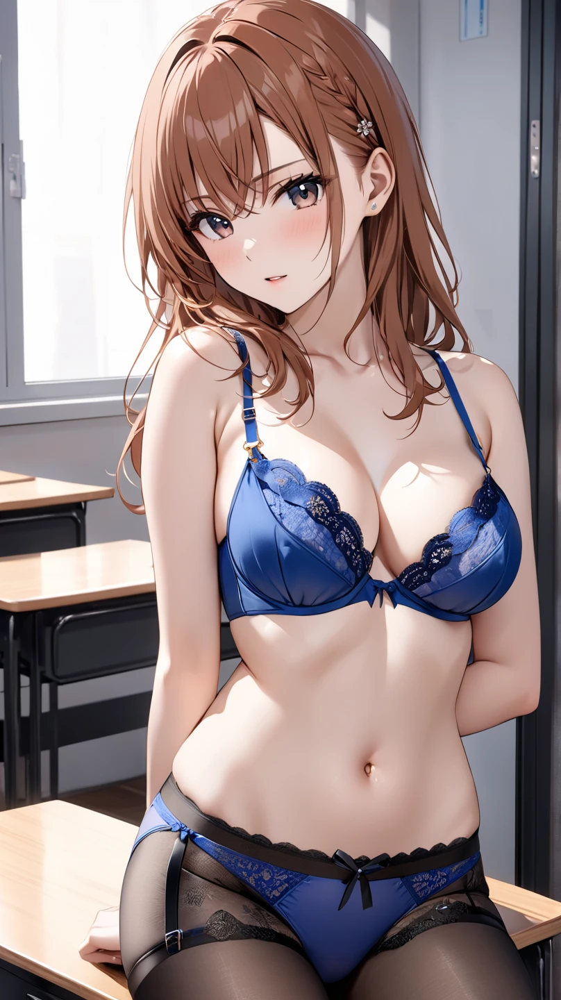 (((masterpiece, Highest quality, High resolution, 超High resolution, Perfect Pixel, Depth of written boundary, 4K, RTTX 10.0))), Beautiful Anime Woman, Beautiful art style, Anime characters, ((Smooth texture, Realistic texture, Anime CG Style)), Perfect and accurate finger count、Exact number of legs、(Exact number of arms:1.0, Exact number of hands:1.0), (Perfect hands, Perfect ???????), Cinematic, Realistic, Extremely detailed CG, Daytime lighting, Perfect lighting, Best Shadow, The best natural light, whole body, Perfect body, バランスのとれたPerfect body, Perfectly balanced style, Soft body, Slender body, ((bangs, Reddish brown hair, Long Hair, ponytail)), ((A cute adult woman is walking:1.8)), ((Bow tie around neck:1.3), (???? and cute light blue ?????????:1.3), (Stylish shiny light blue satin panties, Side-tie panties, The panties are plain light blue in the center with lace decoration on the sides.:1.3), (Light blue micro lace satin bra, Light blue bra with large lace trim around the edges:1.3), (Knee-high socks:1.3):1.4), (Beautiful big ?????:1.1), (Embarrassed expression:1.5), blush, (School corridor, Corridor with windows, Long corridor, In the background, there are many male students walking., The boys are paying attention to the girls:1.7), ?????, In ?????????, Only bra, panties and knee socks, School shoes, Angle from below the front