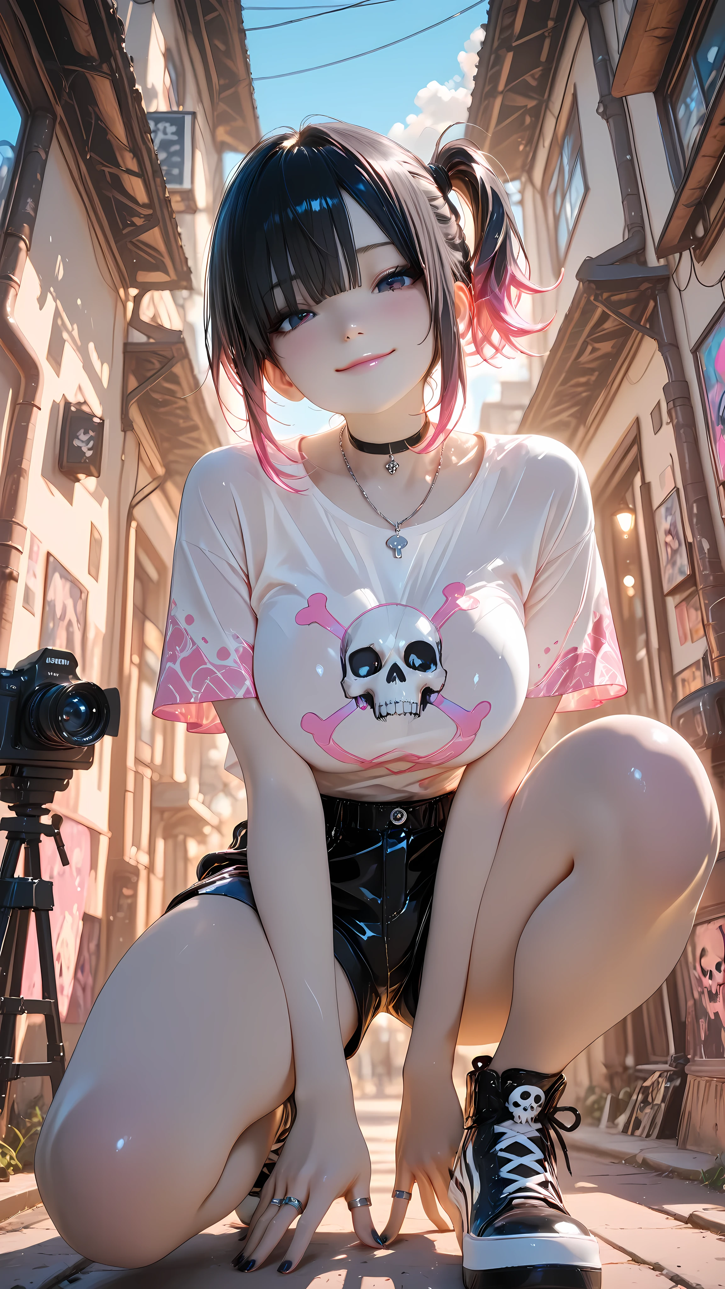 smile cute, pink lips, cute anime girl, 1girl ,skiny skin, ultra detail, perfect lighting, subsurface scattering, bokeh background, sharp focus on character, volumetric light, high contrast, HDR tone, 8K render, 1girl, (), cute face, anime style, ultra-detailed illustration, extreme worm’s eye view (very low angle), camera positioned extremely close to the right sneaker, ground-level perspective, wide-angle lens effect, dramatic foreshortening, strong depth perspective
a stylish young anime girl crouching, right leg forward dominating the foreground, left leg slightly behind, right hand firmly resting on the right knee, fingers clearly visible with natural grip, left hand touching the ground for balance
(black hair with pink), cute twin mini ponytail hairstyle, two small ponytails placed low on both sides, short length, soft bounce, slightly outward tips, wispy see-through bangs, small loose strands framing the face, natural hair shine, clean anime hair strands, extra cute and trendy look
smooth pale skin, semi-real facial proportions, calm confident yet adorable expression, subtle blush
oversized white graphic t-shirt with colorful abstract print, black loose shorts, layered silver necklaces, black choker, multiple rings, black nail polish
right sneaker extremely close to camera, oversized due to perspective, highly detailed sole, laces, skull pattern, realistic wear texture, cinematic foreground emphasis
vibrant urban alley background towering upward, colorful signs, cables, buildings stretching high above, strong perspective distortion, bright blue sky visible between buildings
natural daylight, soft shadows, global illumination, cinematic lighting, anime semi-real shading, painterly highlights, clean lineart blended with realistic rendering, depth of field
masterpiece, ultra-sharp focus, 8k quality, perfect , dynamic composition