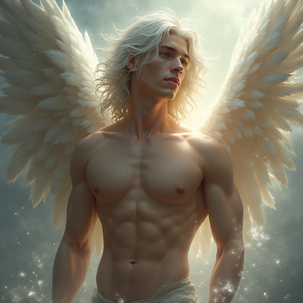 a painting of an angel man, with a beautiful face,((muscular man body, Sculptural body, strong,shapely and muscular legs)), ((archangel michael)), ((with several huge wings)), ((Angel wings)), Various positions, Full body man, Frank Kelly Freas, Estilo Karol Bak, Best Quality,32k ultra quality, parade paper quality, movie image,  Classic 8K