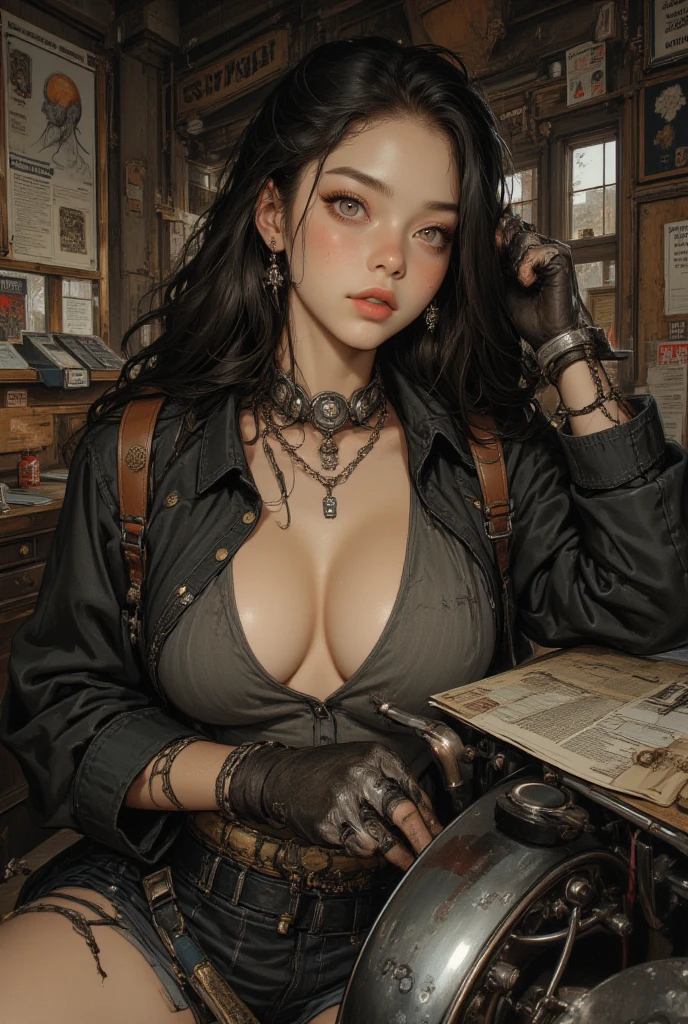 1 girl, solo, face, PORTRAIT, long hair, ponytail,  Gold, green eyes, big breasts, (black leather jacket:1.2) , Chest,  schools, Brushing,  watching, 