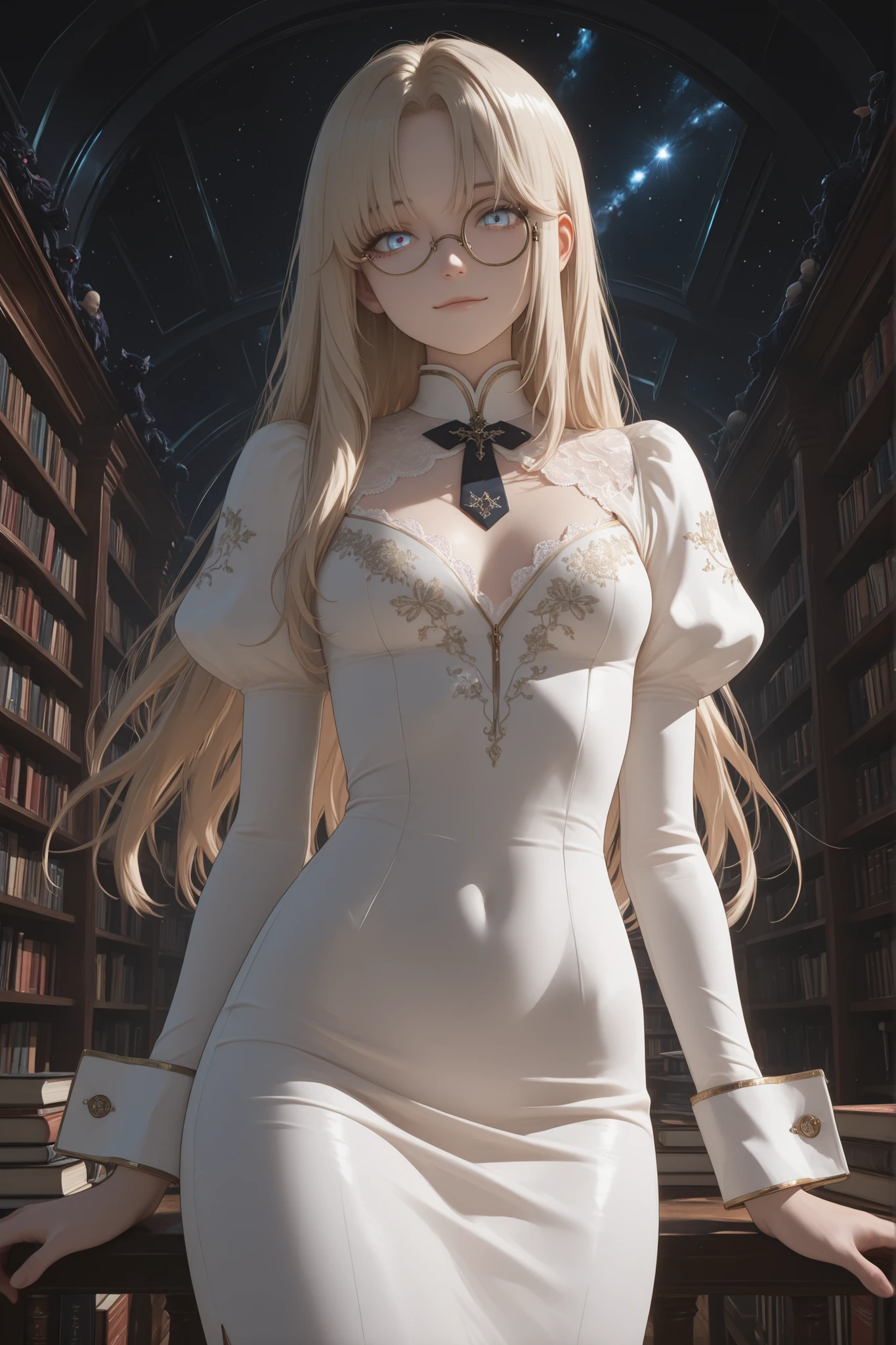 score_9, score_8_up, score_7_up, masterpiece, source_anime,(((A majestic library,Dark Space,Between hours )))
Watery eyes ,smaller breasts,Ash Gold Hair,Long Hair, (Long White Dress,tight dress,Juliet sleeve,Long Cuffs ,Delicate Embroidery,lavish decorations,Librarian,Time Manager,stare at the viewer from the front,A Gentle Smile,(((monocle)))),Mysterious Space