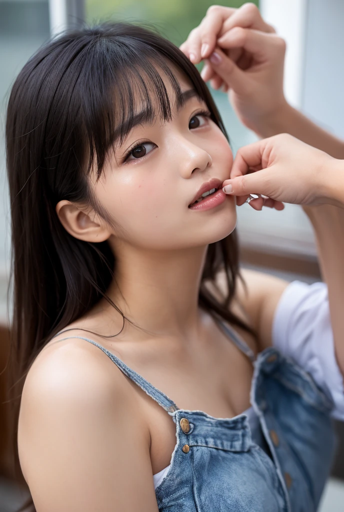 photo of a skinny asian teen  wife messy long hair thrown into a messy bun ponytail. She wears: (turtleneck high ribbed pink tight sweater:1.1),   pose, high tight ribbed neck, mouth retractor gag,