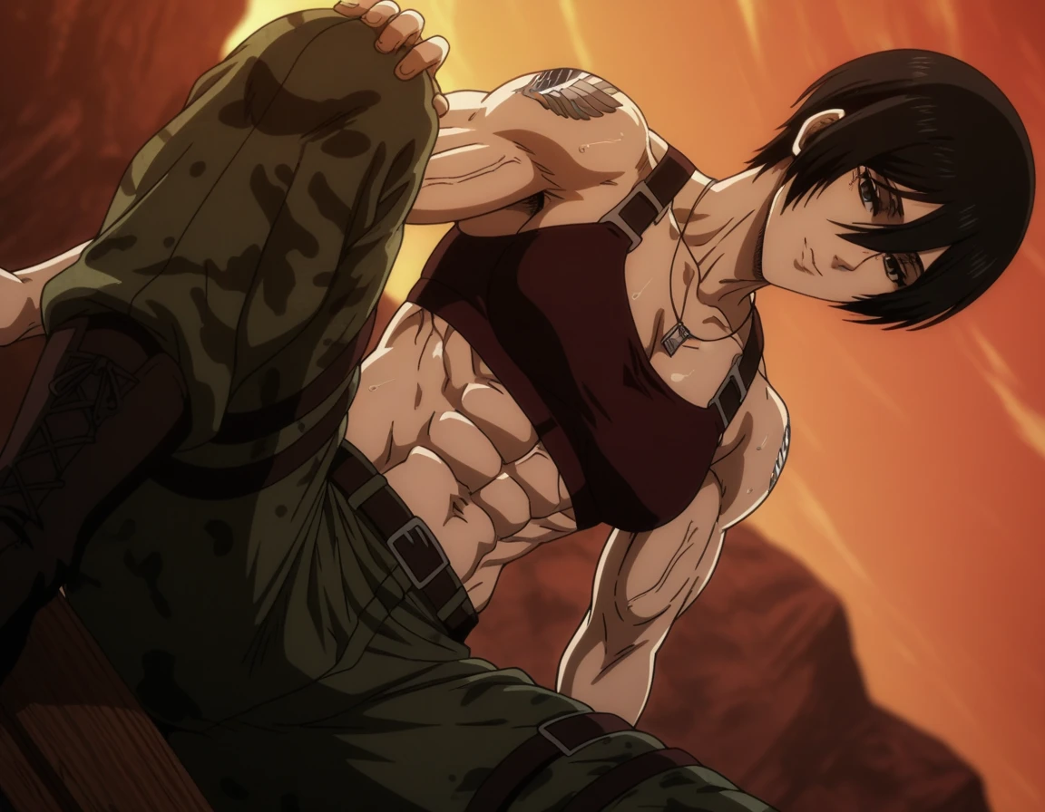 (best quality,ultra-detailed,realistic:1.37),musclaur badass girl  with sculpted body with preview her musclaur body and muscles, half review of the female character  face and body, intense expression, strong and confident posture, studio lighting, vivid colors, physiologically-based rendering, grungy texture, rugged background, dust particles in the air, commanding presence, professional, powerful, gritty aesthetics,,Valmet،short hair,Light reflection on shoulders،wearing military male  and midriff tank top, tattoos on shoulders،lying in bed,eyepatch,Shining muscles,Shining skin,sexy muscles,sleeping,Valmet only1,leaning hand on neck,review from above,sexy six-pack,Shining six-pack