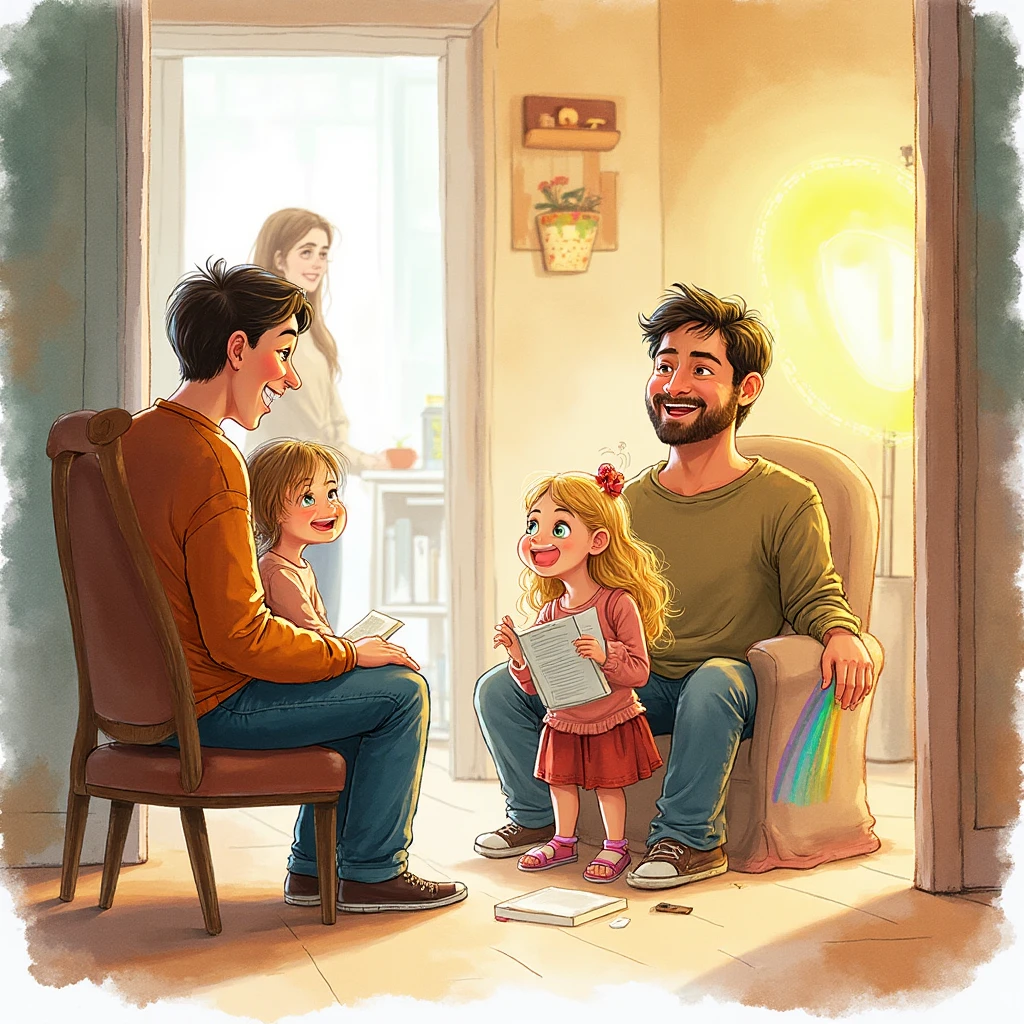 Create an illustration in the style of David Wiesner, the American illustrator, depicting a story about love and education.