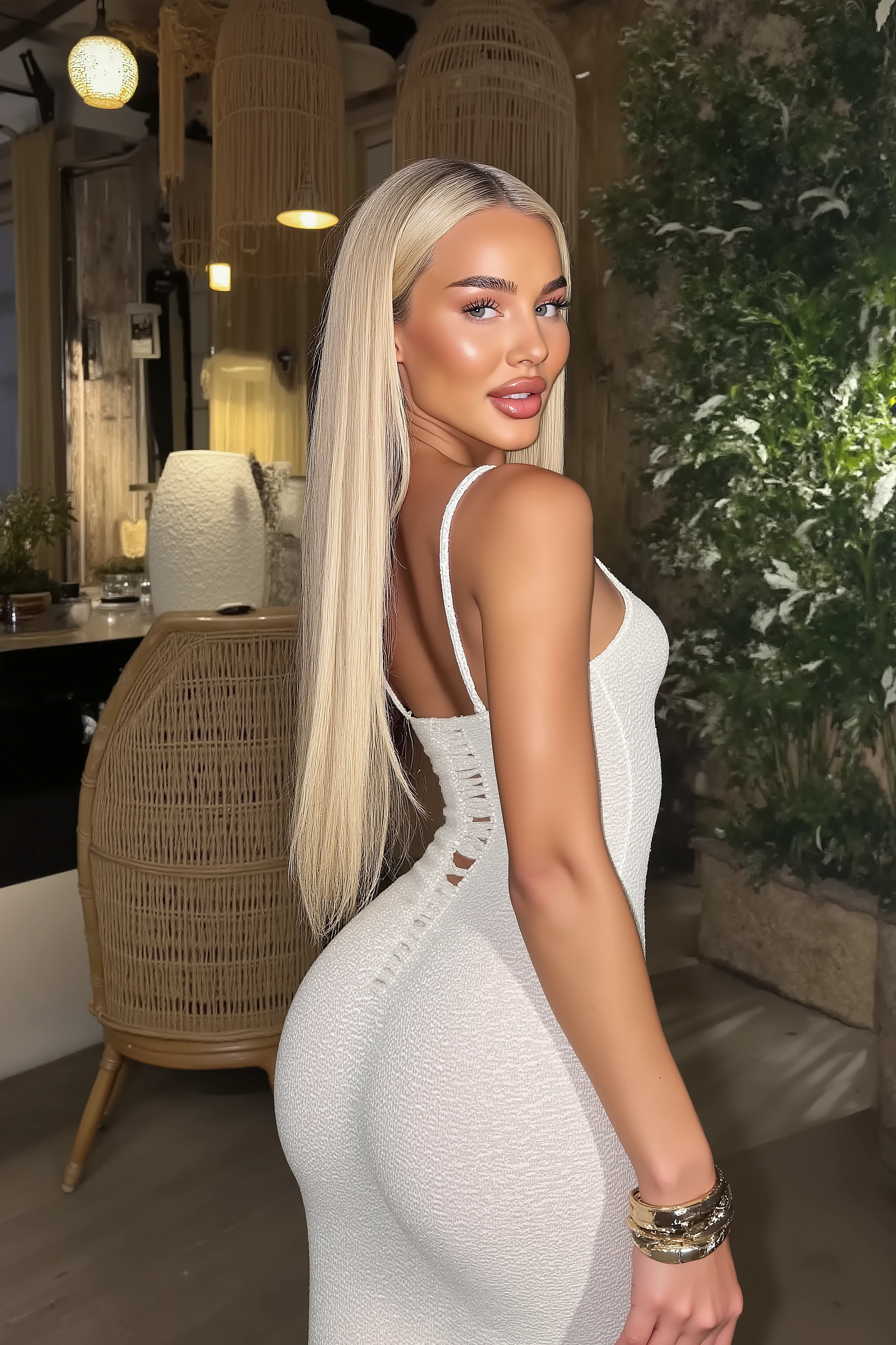 21 year old woman with very long white straight hair posing photo is taken with strong camera flash she has perfect skinny , photo is very very detailed and sharp her hair is completely straight, the photo is very sharp and very high quality, the photo is hyper realistic and the colors are more contrasted, photo is taken with flash on the phone, the photo is hyper realistic, photo is like taken with iphone, it looks like influencer post on instagram, she has very big DD cup  her hands are out of picture screen or hidden, 