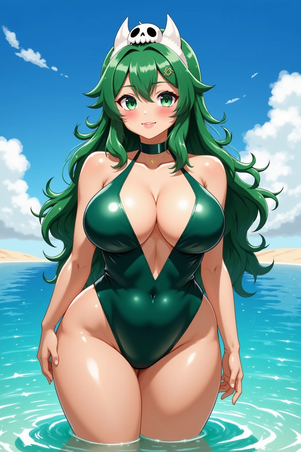 1 girl, Milf,  black glasses, long green hair in a bun, green skin, alien girl with green skin, green eyes, black ??????, ??????? exposed, thighs exposed, humongous ?????, large ???, wide ????, thicc, ????, beautiful, beach background, slightly transparent body, green body.