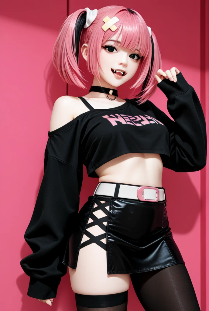 (masterpiece, Highest quality, Highest quality, Official Art, beautifully、aesthetic:1.2), (2 girls:1.8), Cinema Lighting、(Key Light：Front 45 degree angle, Subsidy light、Backlight、Shadow、Blue and orange color palette), Accurate human body、Someone knowledgeable、Correct five-finger、RAW Photos、 4K - ultra-vivid、Highest quality, masterpiece, Ultra-high resolution, (reality: 1.4), 1 girl、／Pink long hair/、(((/Black and purple super shiny  /)))、((( , /Wearing black sunglasses,White shirt/ , high school girl、Pleated skirt , Cleavage ,Oilskin)))、(Shiny body: 1.5)、 Be embarrassed、(:1.5)、((/Black Mask/))、Full of embarrassment、Sexy pose、((vapor))、/break/, On the bed in a love hotel、(((/Pink lighting/)))、dim, Nasty room、Desaturation in the room (((Oilskin,Glowing Skin、Realistic skin texture、Beautiful skin in every detail、Shiny skin、Shiny skin)))、 Upper Body Shot, Low camera angle, Written boundary depth, Focus on the center, Fine Eyes, Perfect face and eyes、 1 girl、 17 years old, (Goth Makeup), (White skin), (T-shirt and skirt), (Show below ), (Fishnet tights), (Belly Button Jewelry), (Earrings), (Earringsのついた唇), /Purple eyes/, /Short black emo hair/, (Big Breasts), (8K), (wallpaper), (Dynamic Lighting), (Detailed face and eyes:1.2)、Short skirt、Low-cut platform boots and oversized shirts、Off the shoulder, /break/