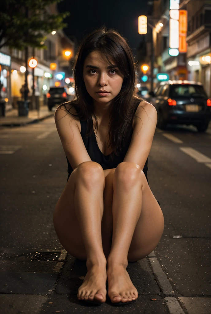 (close-up:1.2) analogue photography, (looking at viewer:1.3), (hand behind head:1.2), (forearm on knees:1.3), knees together feet apart, sitting, white panties, pantyshot, (black half-up hair:1.2), simple dark blurred night city background, sfw