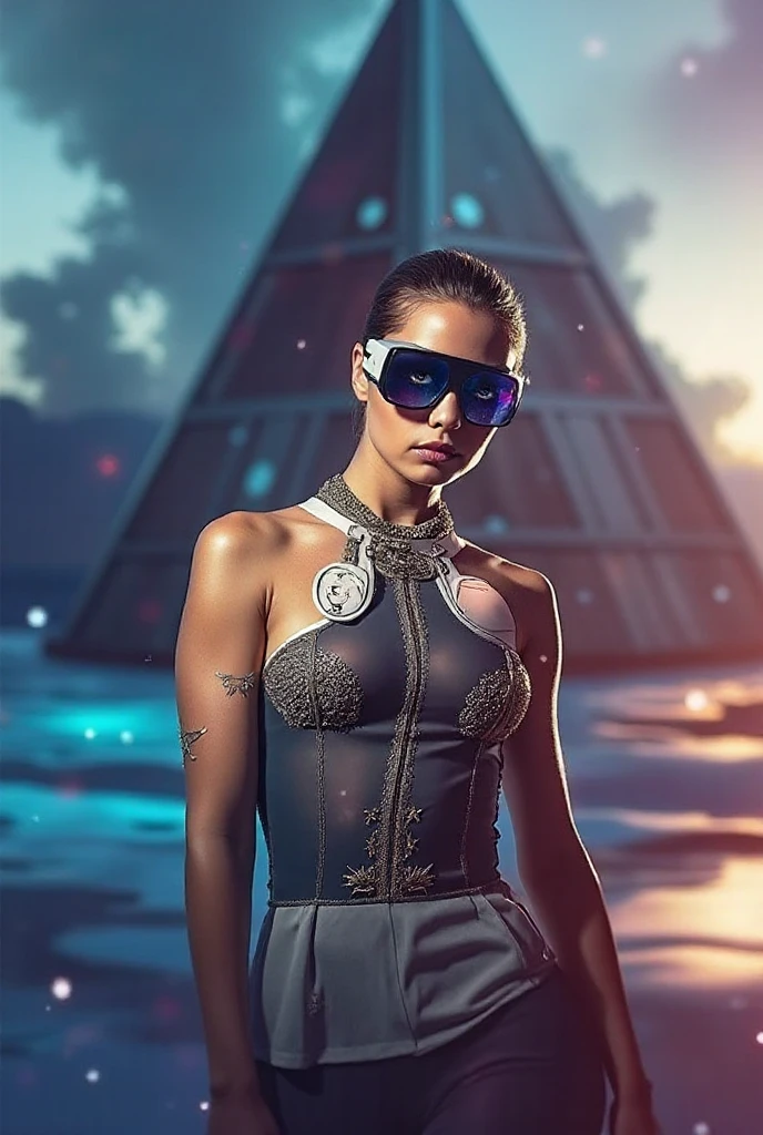 At night, dark sky, distant shot aerial view of fantasy cyberpunk style ice ((Moai-statue)) city, ((flying car)). ((1girl, solo, alone)), medium-:1.1 slim body, , clothes, (headphone, black sunglasses, long black realistic hair), (((hip-up standing and holding pistol))), (((((half-body thigh level medium shot))))), cinematic lighting, lens flare, ray tracing.