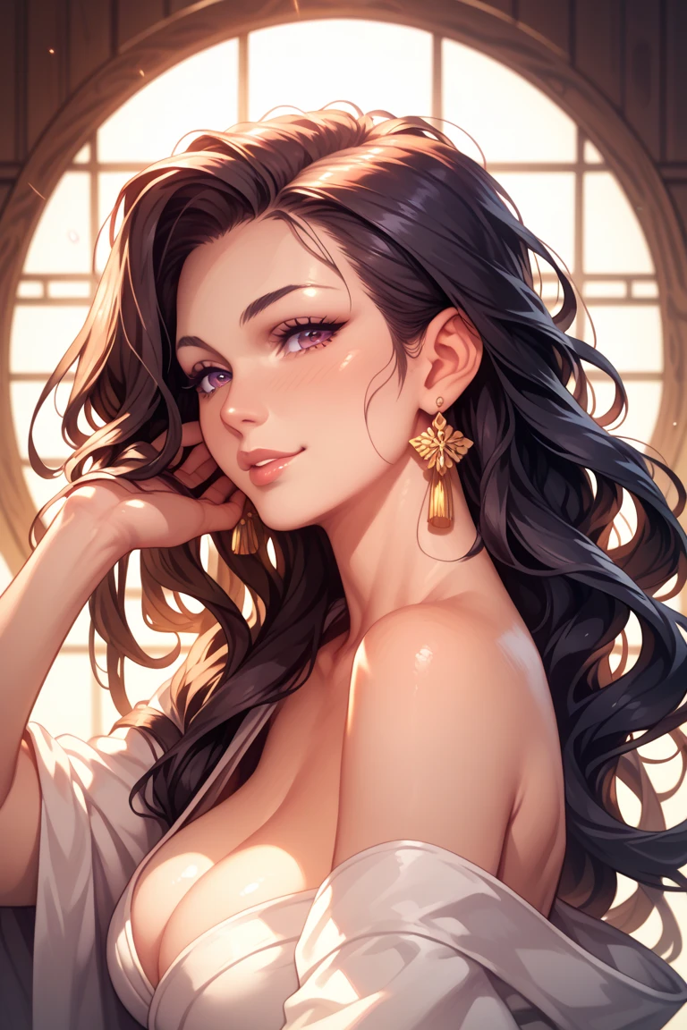 
Hot sexy beautiful women  , detailed lips , detailed blue eyes, big traditional heavy long  tassel earrings , alluring face, necklace , detailed red lipstick  ,black hair, blush , makeup , smiling 