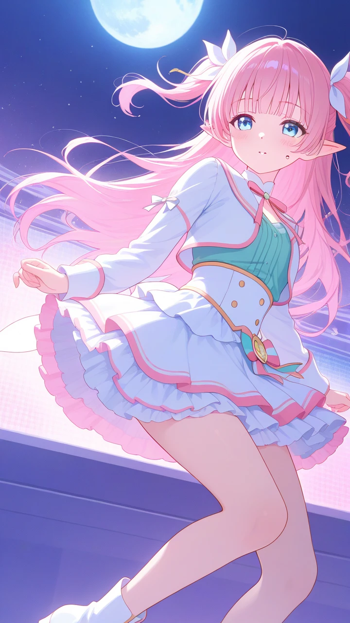 Plain white with emphasis on the Ｔshirt、You can see the  from the neck、Ultramarine and white striped mini skirt、When you lift up her skirt you can see her cute pink frilly underwear.、A fluffy, white ruffled flared skirt、When she flipped her skirt up, she found cute red ruffled underwear、barefoot、classroom、Three girls of different heights Magical girl with magic wand、