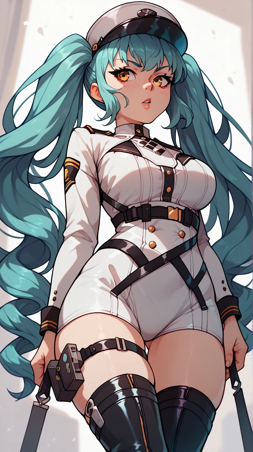 1girl, aegir \(azur lane\), azur lane \\\\\ masterpiece, best quality, very aesthetic, absurdres, newest \\\\\\ sportive body,  \\\\\\ by nyantcha,,by cutesexyrobutts,by khyle ///// white hair with a single prominent red streak, black horns, yellow eyes,  ,at hospital, white (nurse outfit:1.2), skirt, standing, white pencil skirt, nurse cap, , big tits, a red cross on the cap